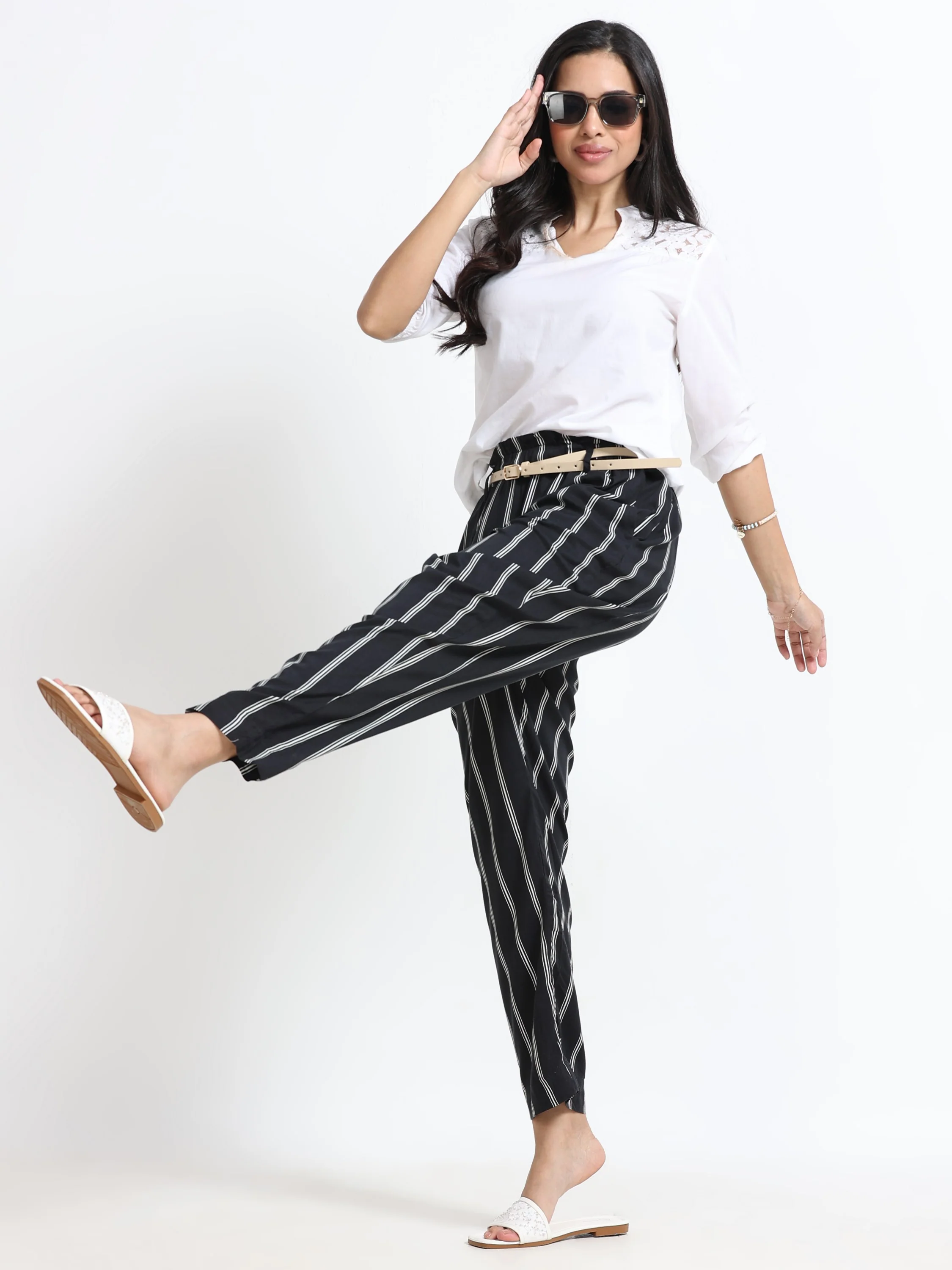 Women Black Regular Fit Striped Peg Trousers - Image 8
