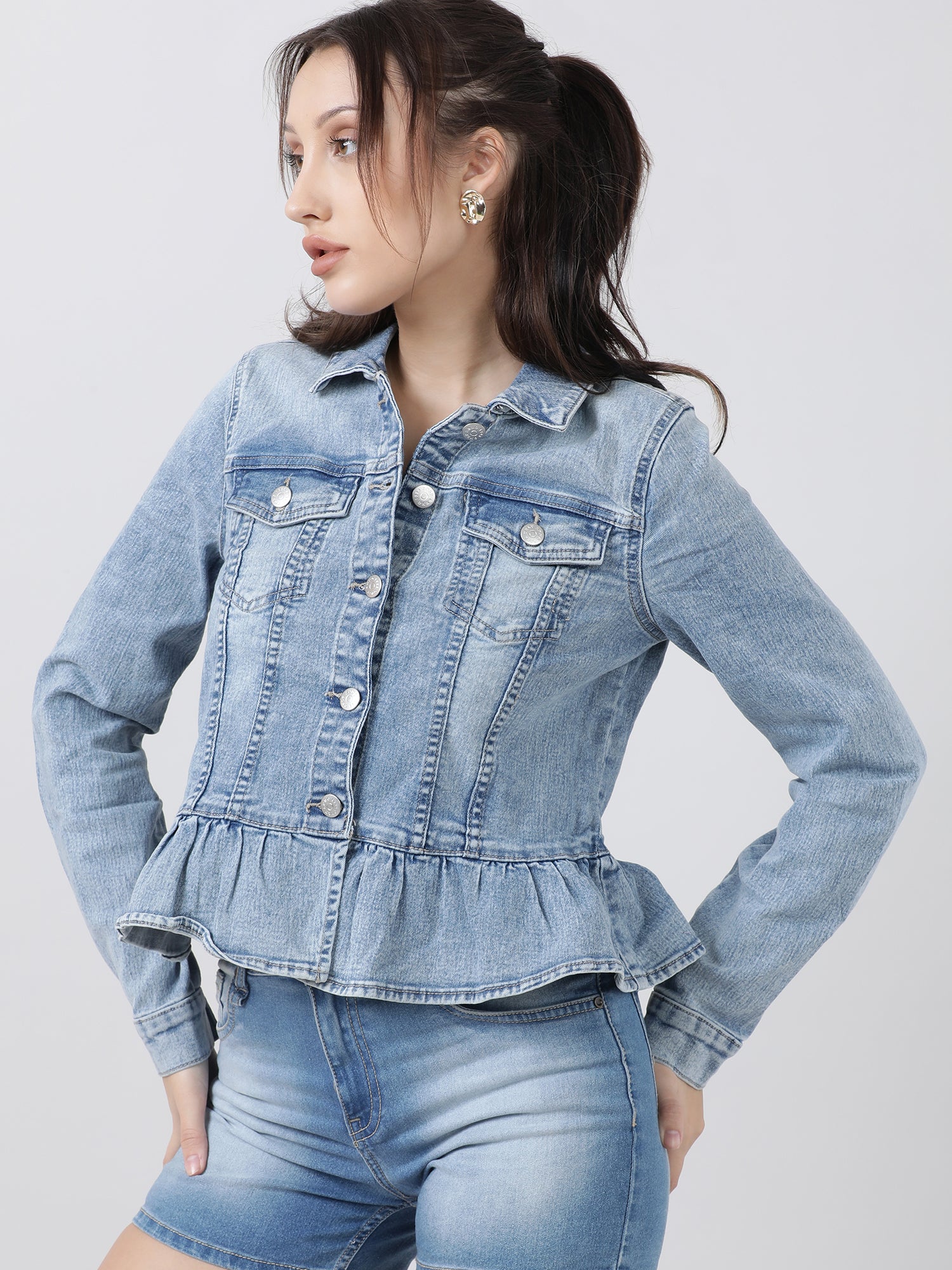 Women Regular Fit Blue Button Down Peplum Denim Jacket - Image 3