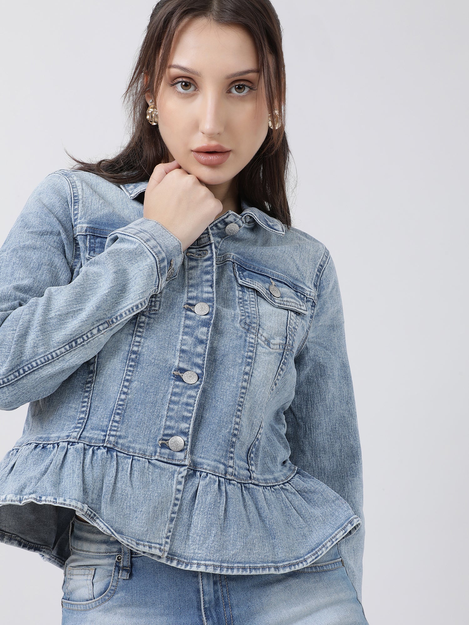 Women Regular Fit Blue Button Down Peplum Denim Jacket - Image 4