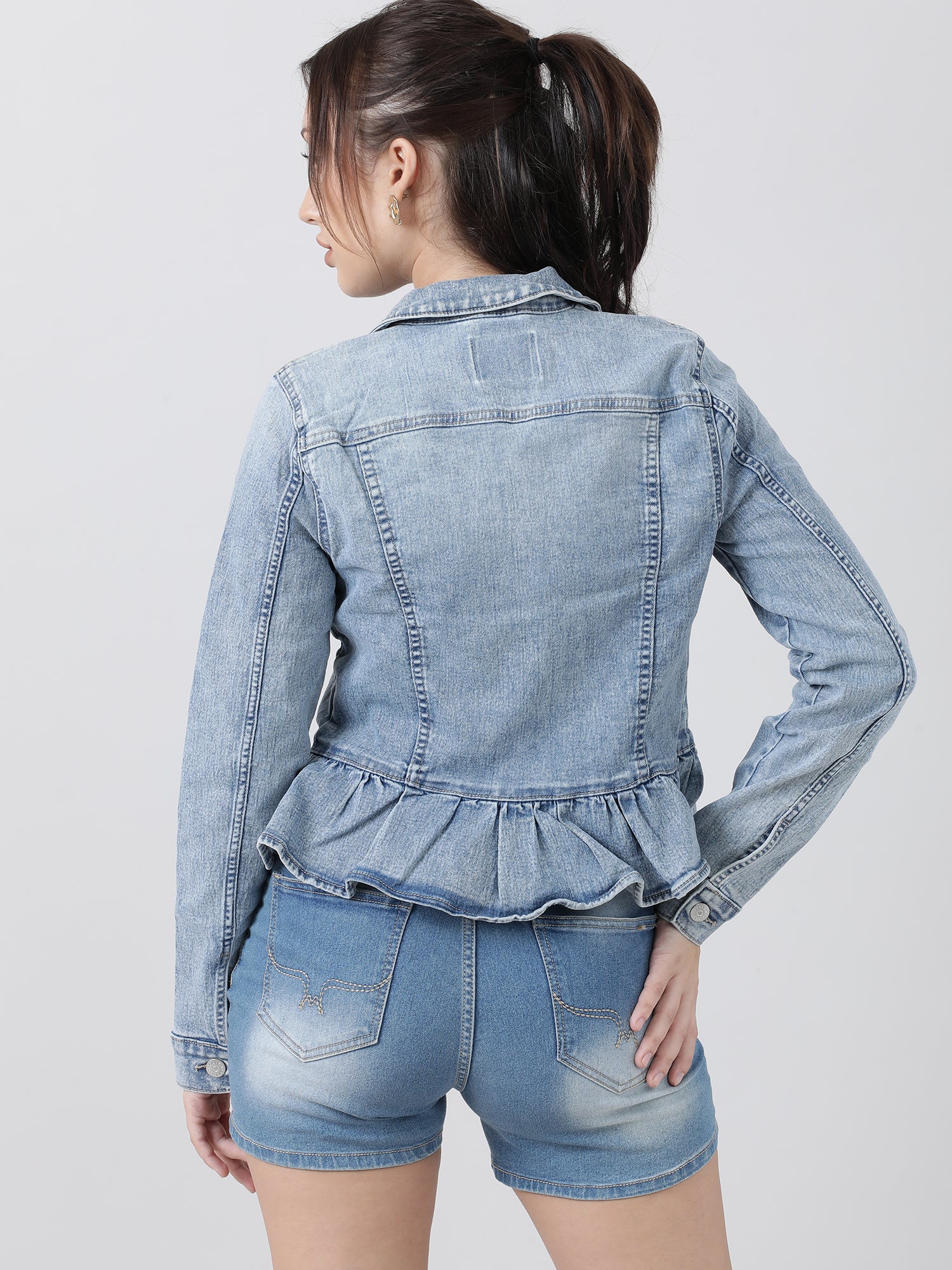 Women Regular Fit Blue Button Down Peplum Denim Jacket - Image 5