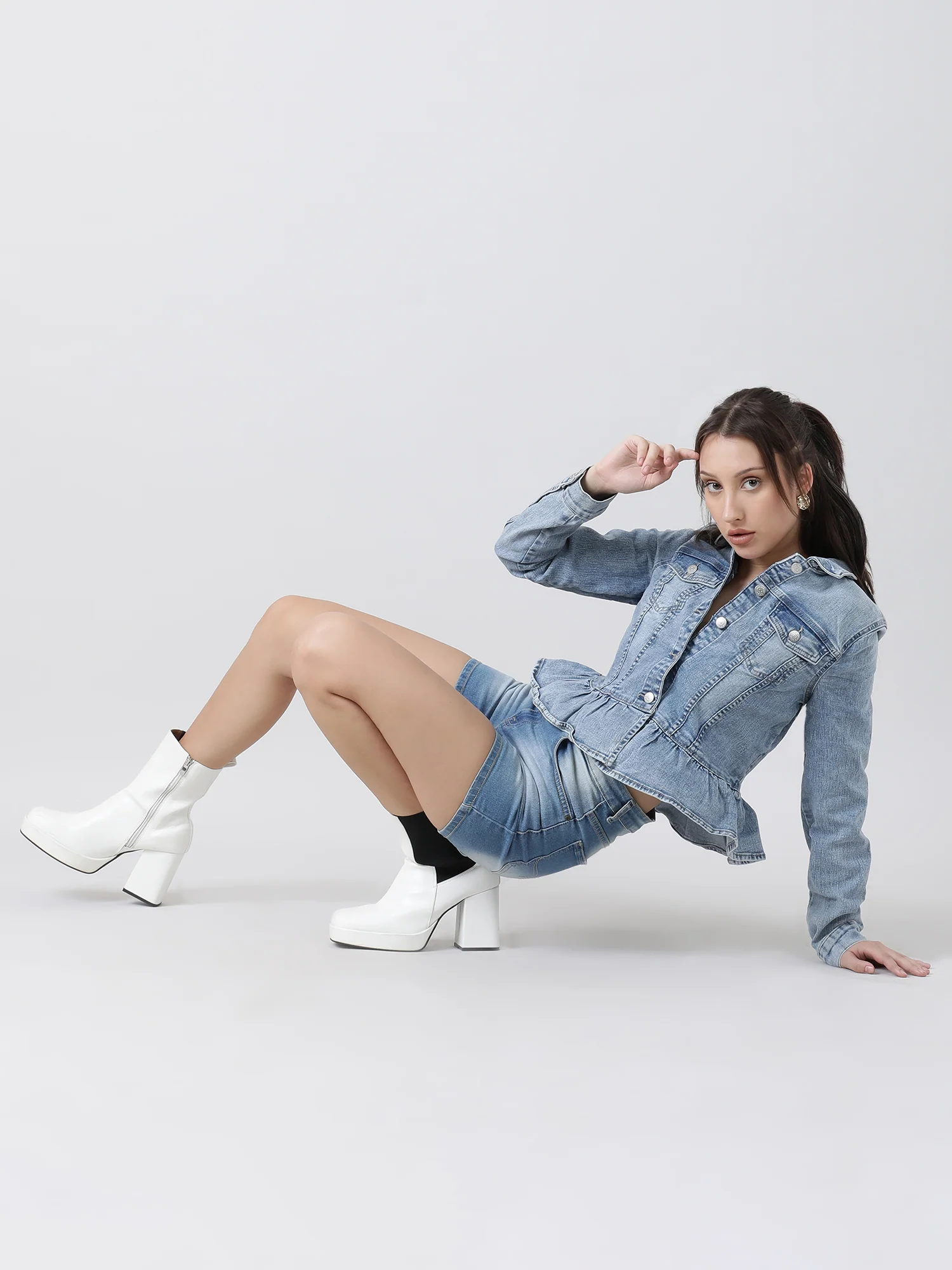 Women Regular Fit Blue Button Down Peplum Denim Jacket - Image 7
