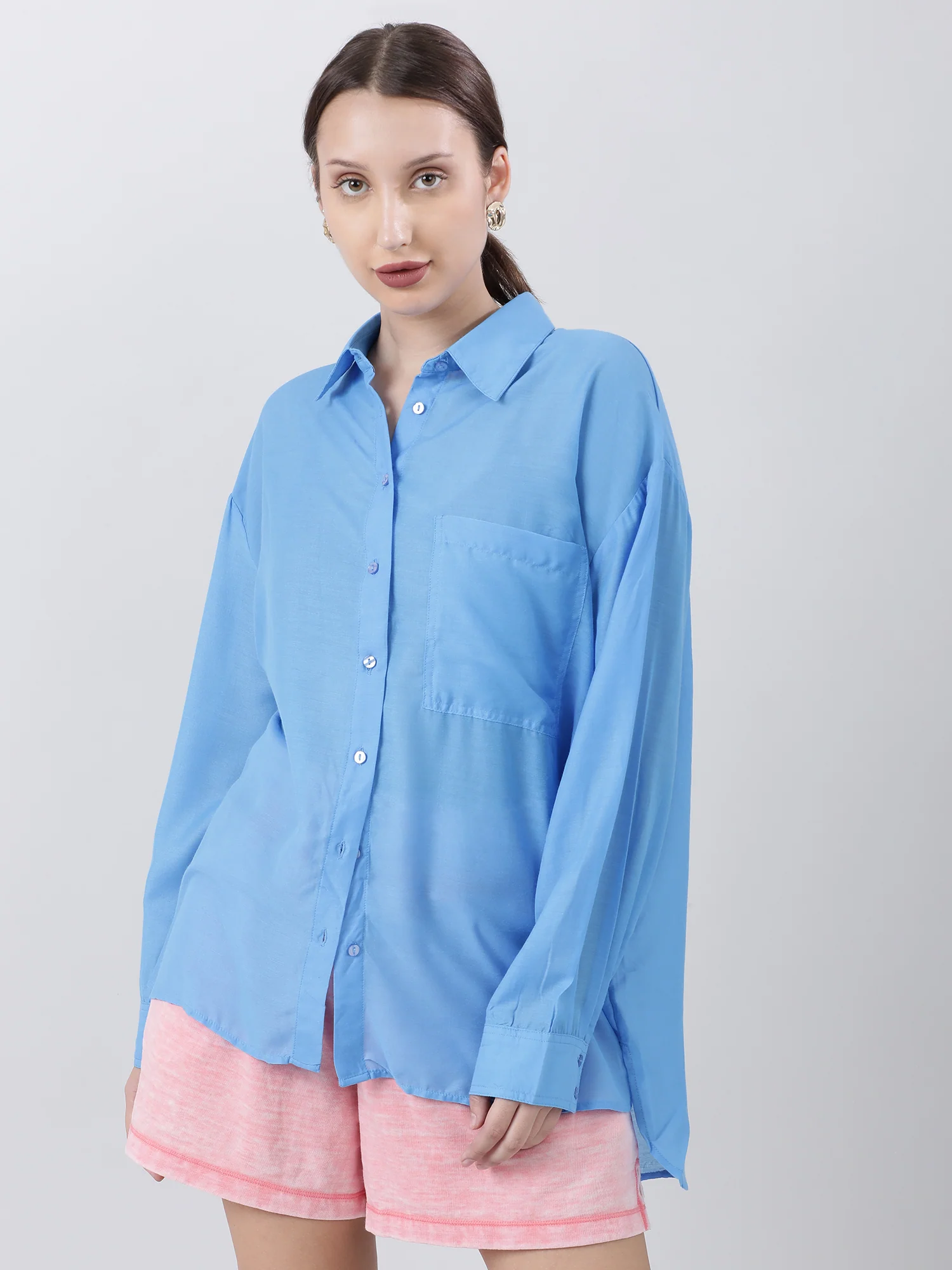 Women Regular Fit Blue Drop Shoulder Shirt With Patch Pocket - Image 3