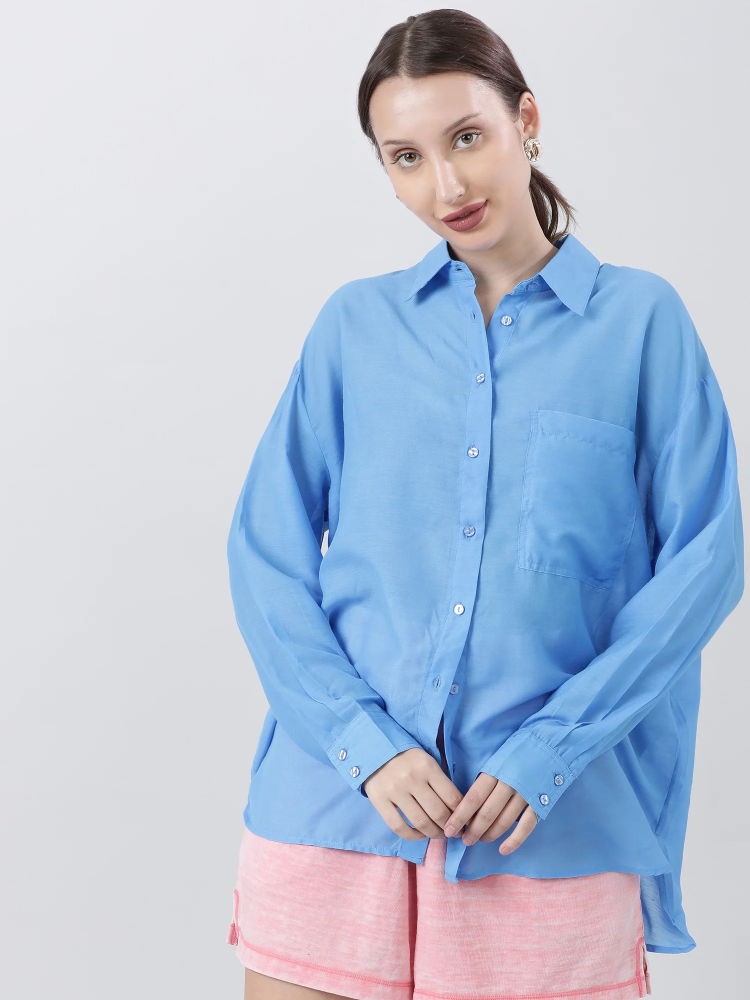 Women Regular Fit Blue Drop Shoulder Shirt With Patch Pocket - Image 4
