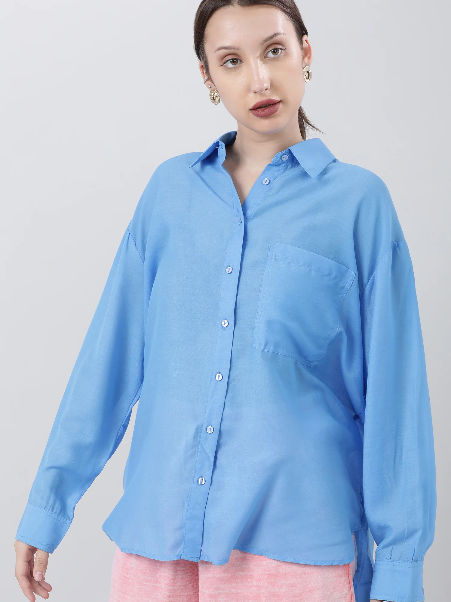 Women Regular Fit Blue Drop Shoulder Shirt With Patch Pocket - Image 5