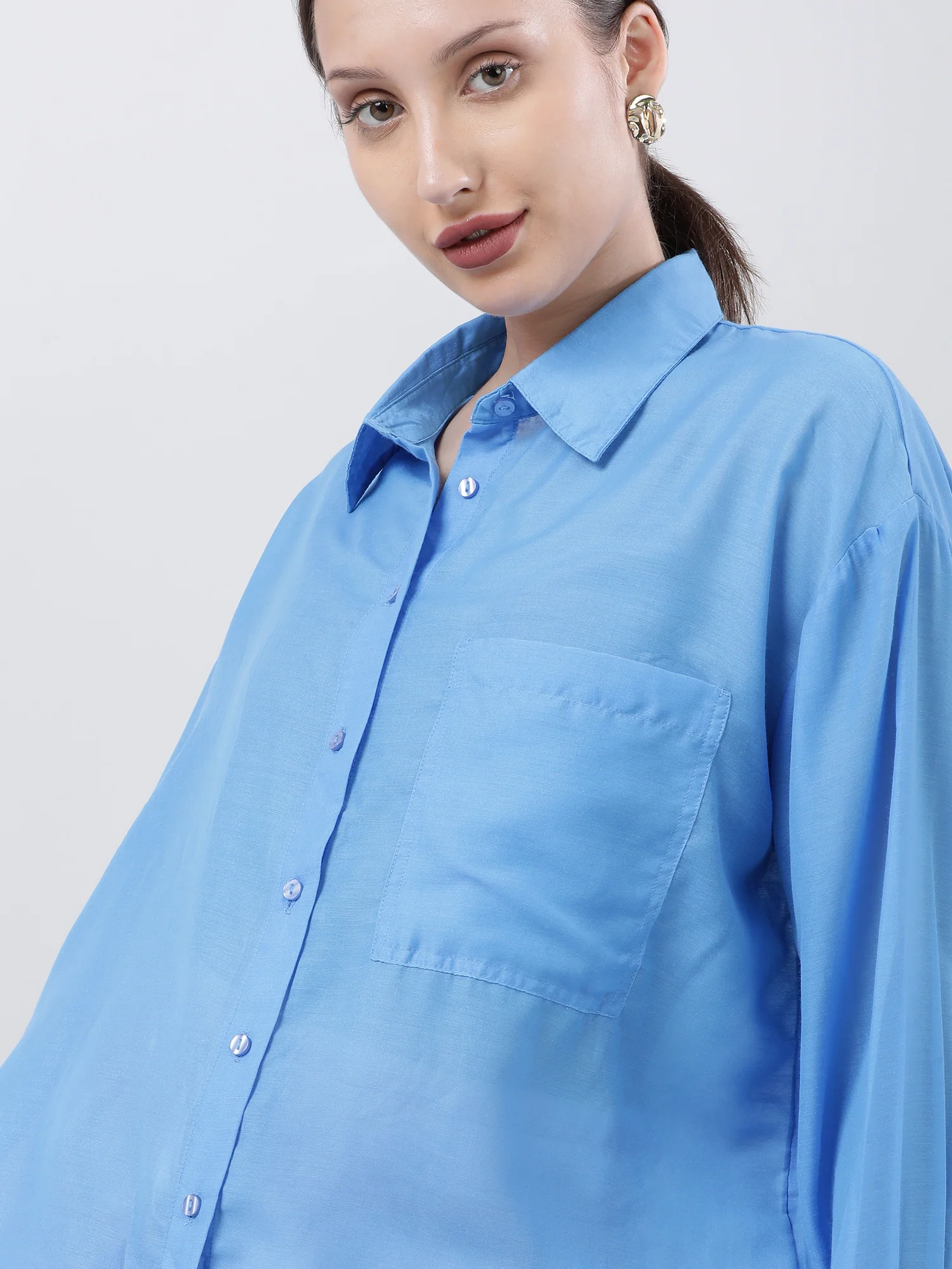 Women Regular Fit Blue Drop Shoulder Shirt With Patch Pocket - Image 6