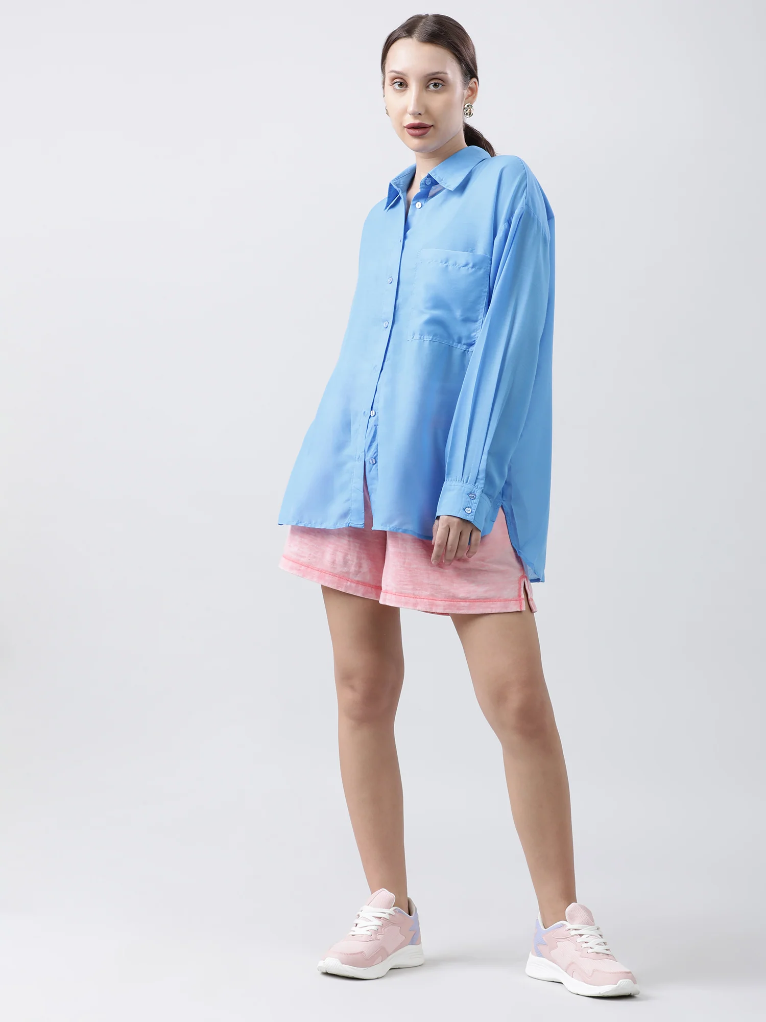 Women Regular Fit Blue Drop Shoulder Shirt With Patch Pocket - Image 7