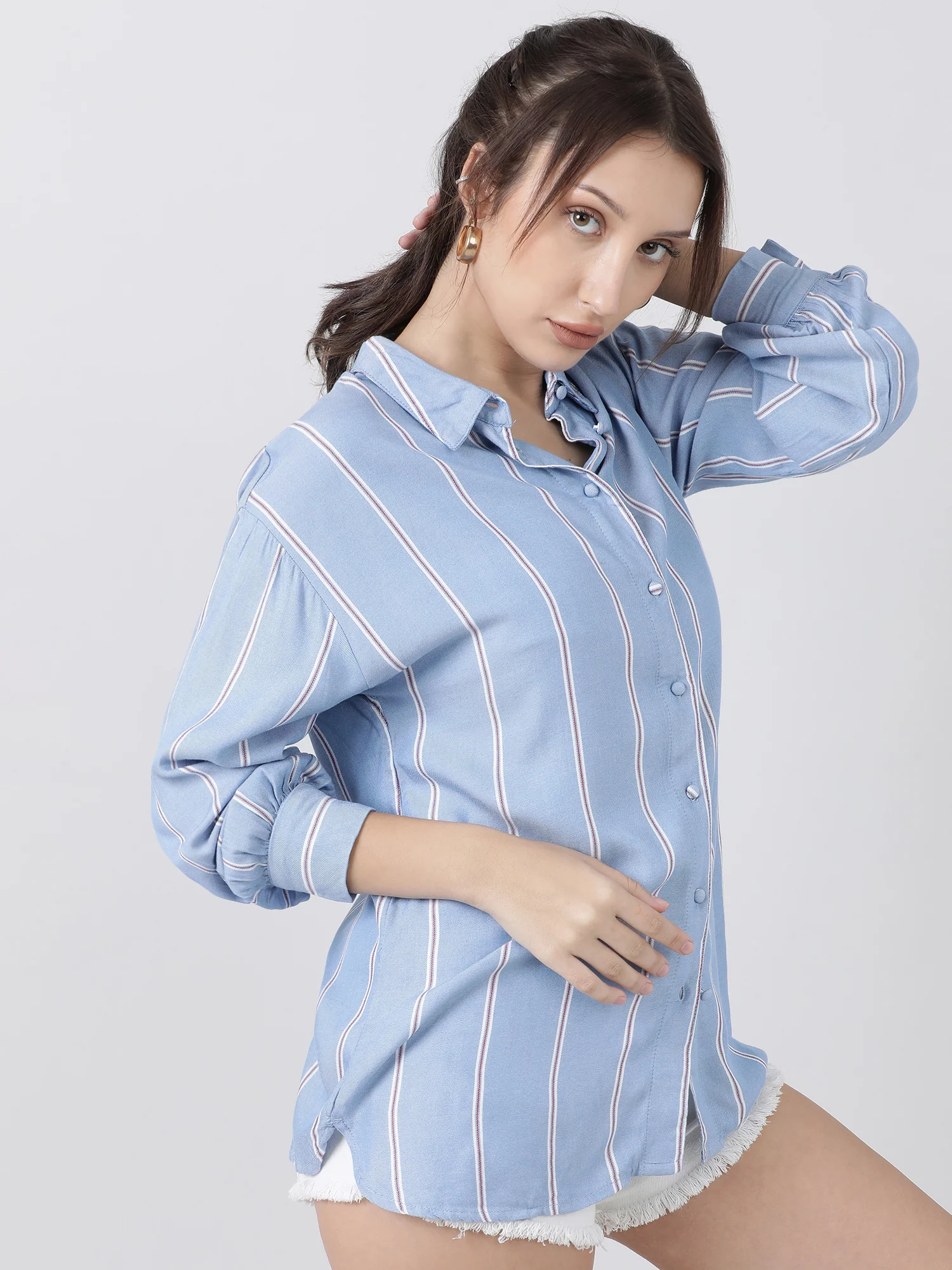 Women Regular Fit Blue Striped Drop Shoulders Shirt - Image 4