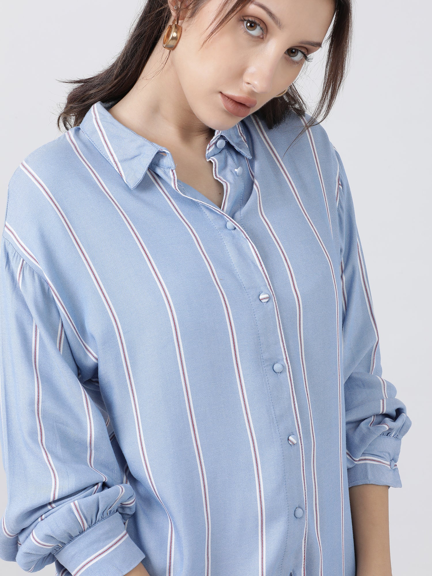 Women Regular Fit Blue Striped Drop Shoulders Shirt - Image 5
