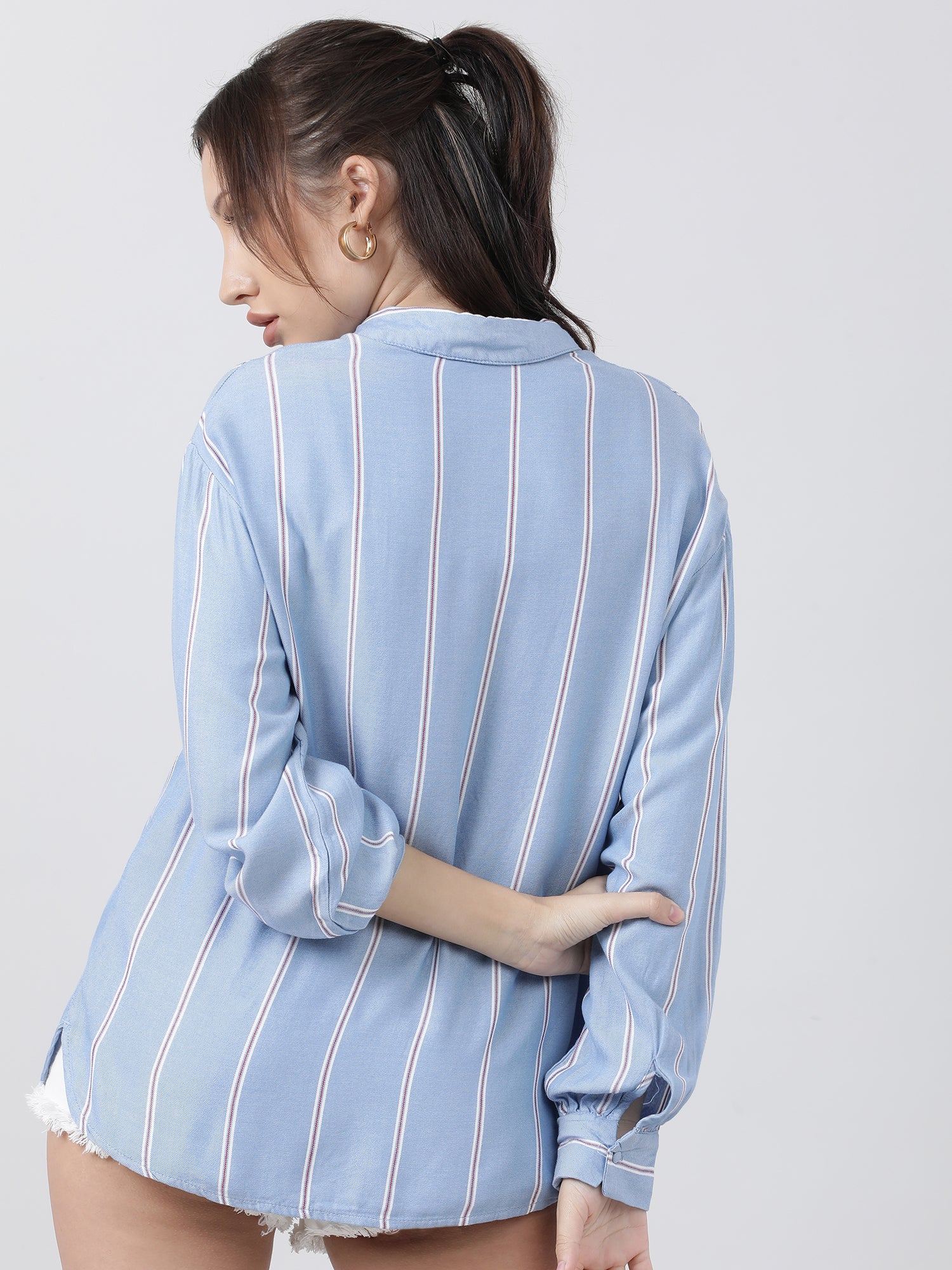 Women Regular Fit Blue Striped Drop Shoulders Shirt - Image 6