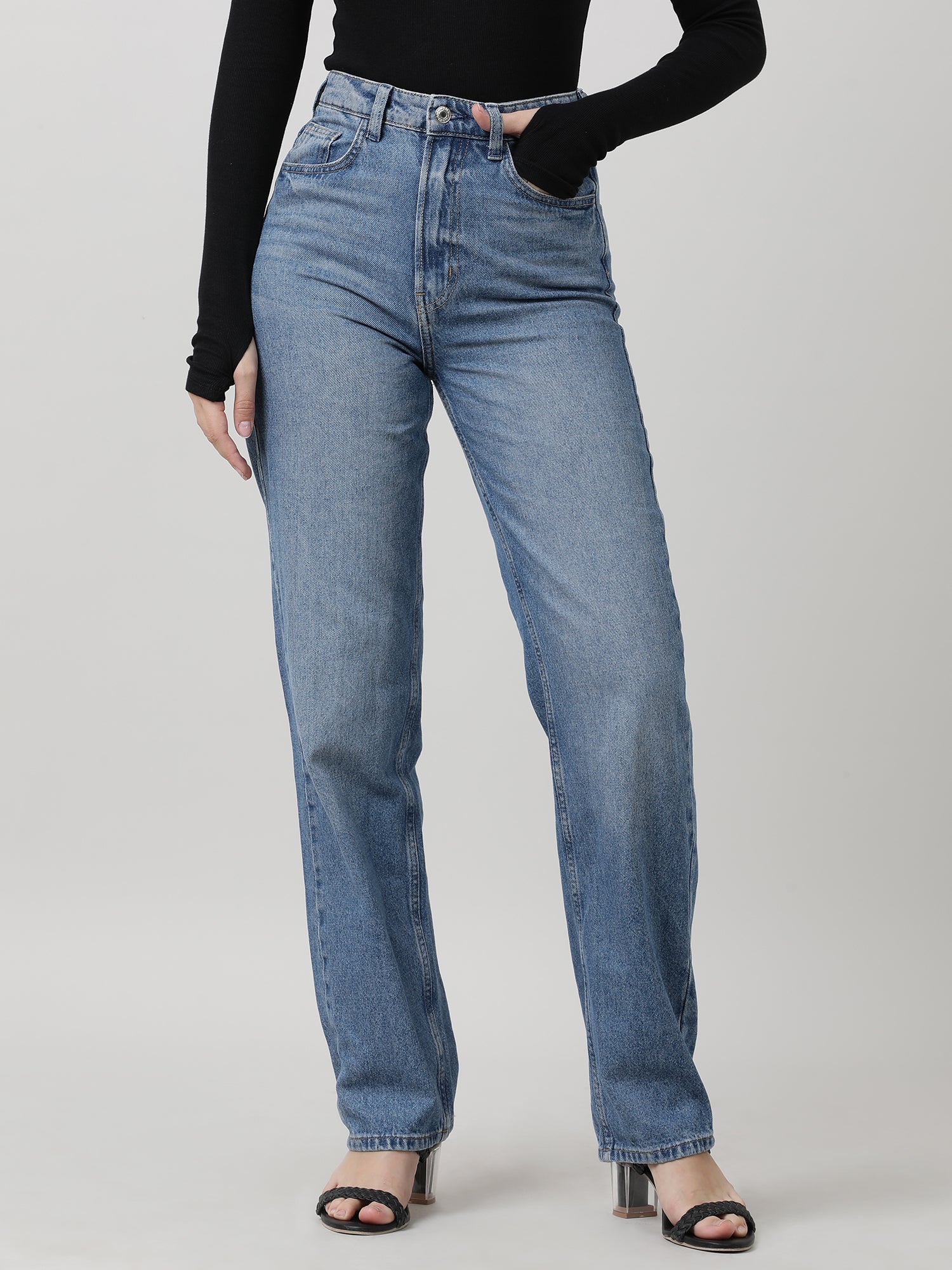 Women Regular Fit Blue Washed Denim Pants - Image 2