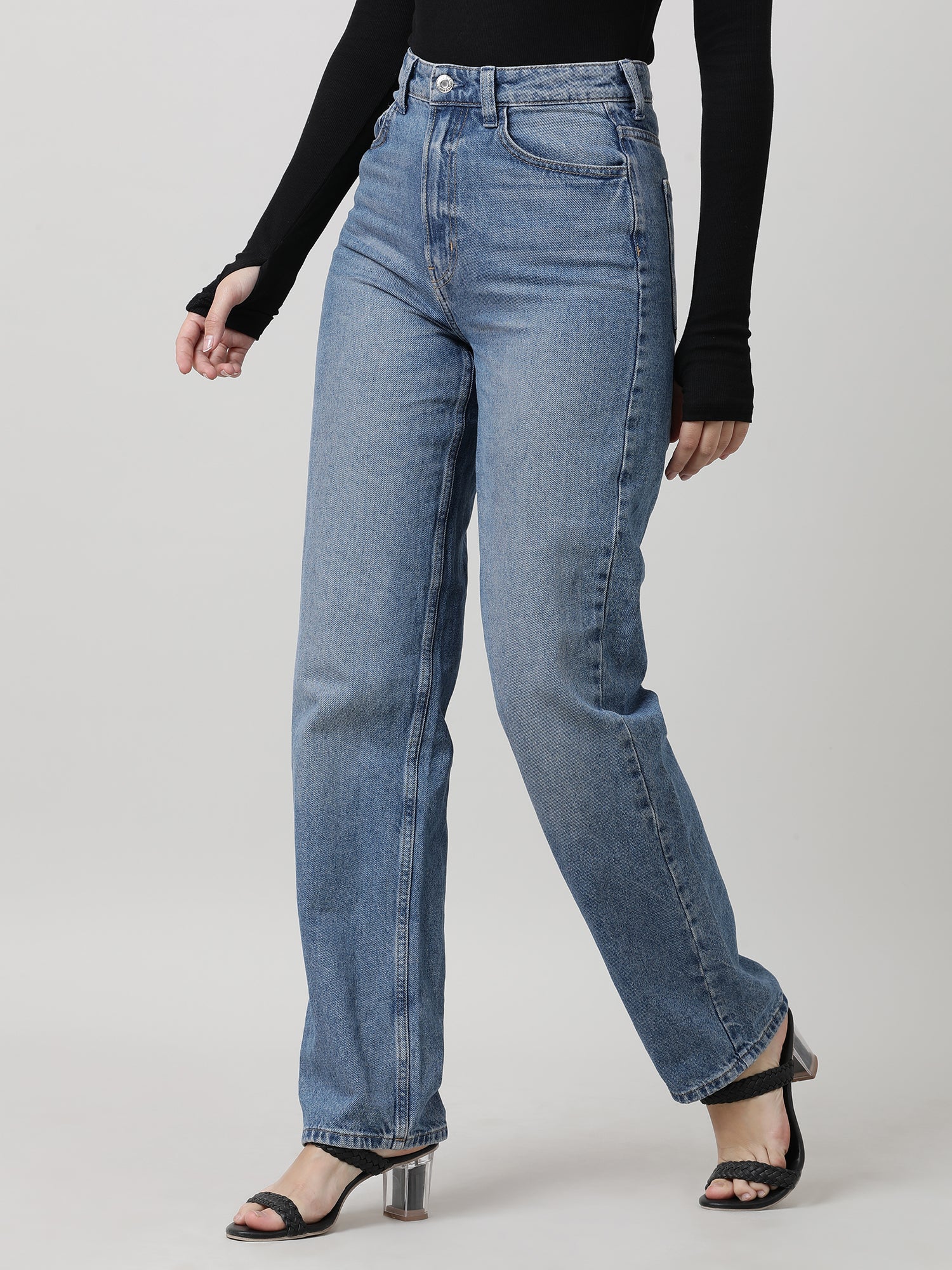 Women Regular Fit Blue Washed Denim Pants - Image 3