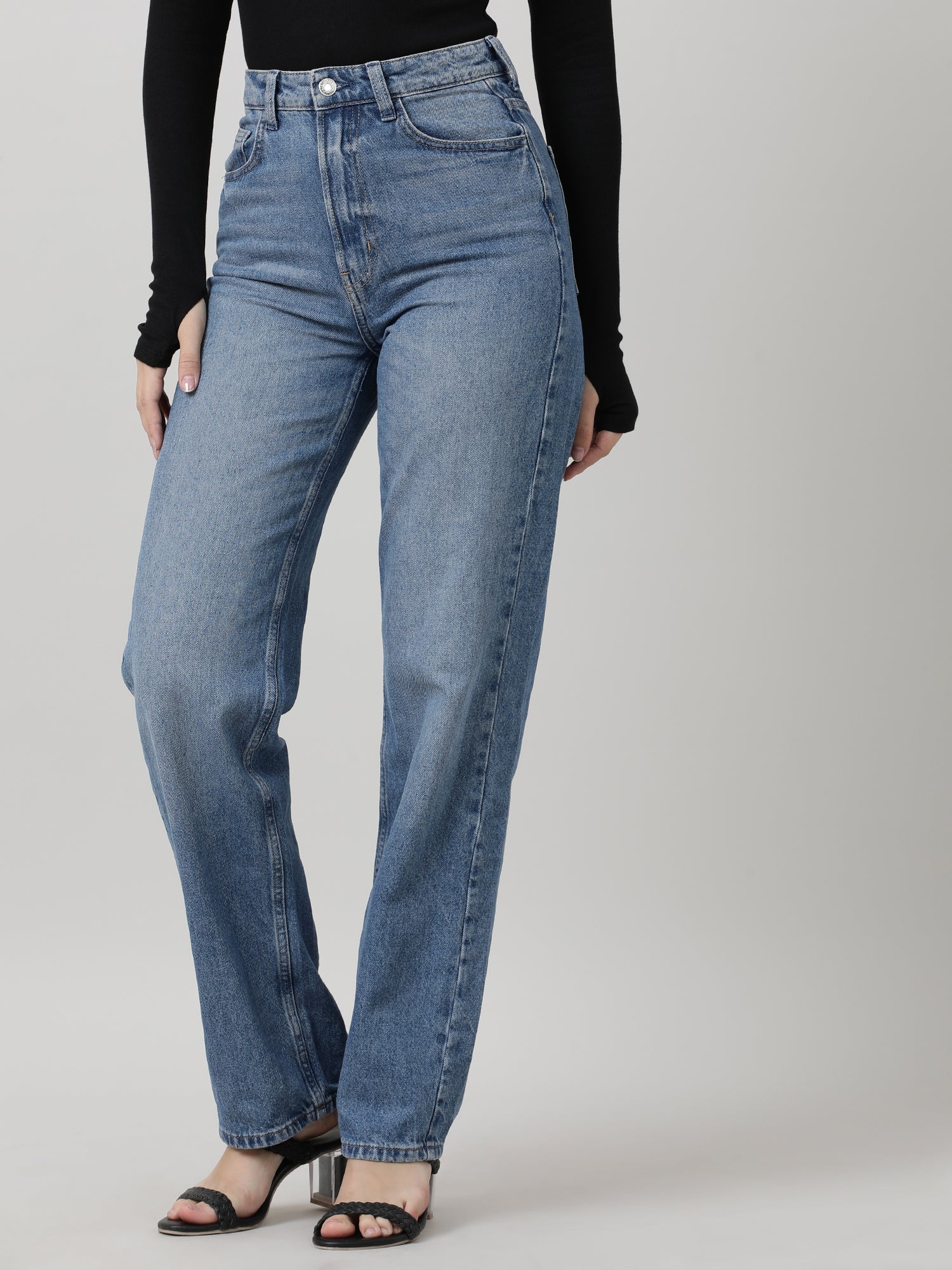 Women Regular Fit Blue Washed Denim Pants - Image 5