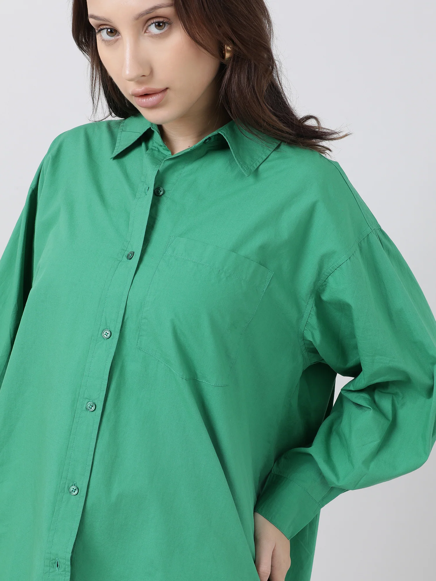 Women Oversized Drop Shoulder Green Shirt - Image 5