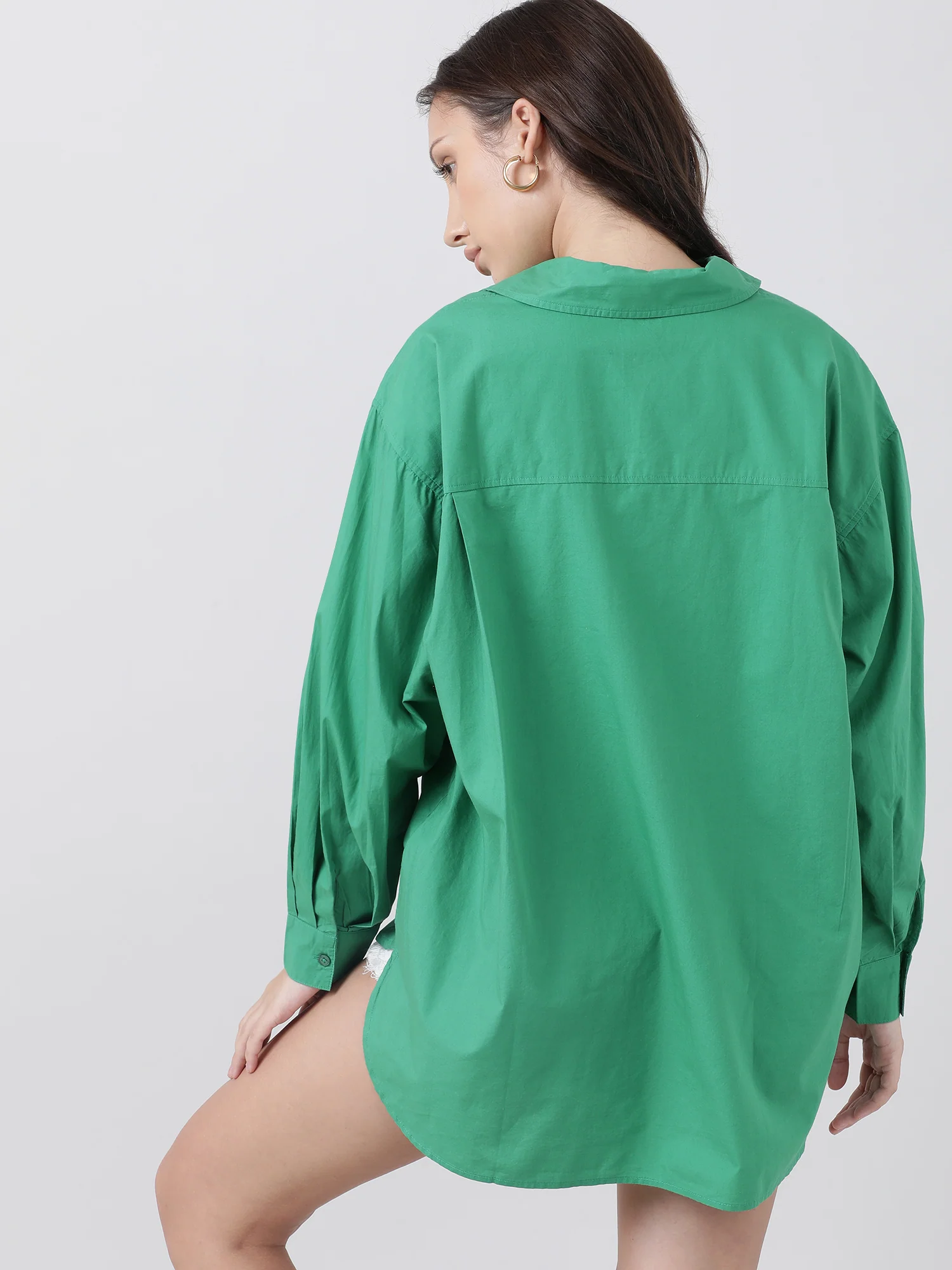 Women Oversized Drop Shoulder Green Shirt - Image 6