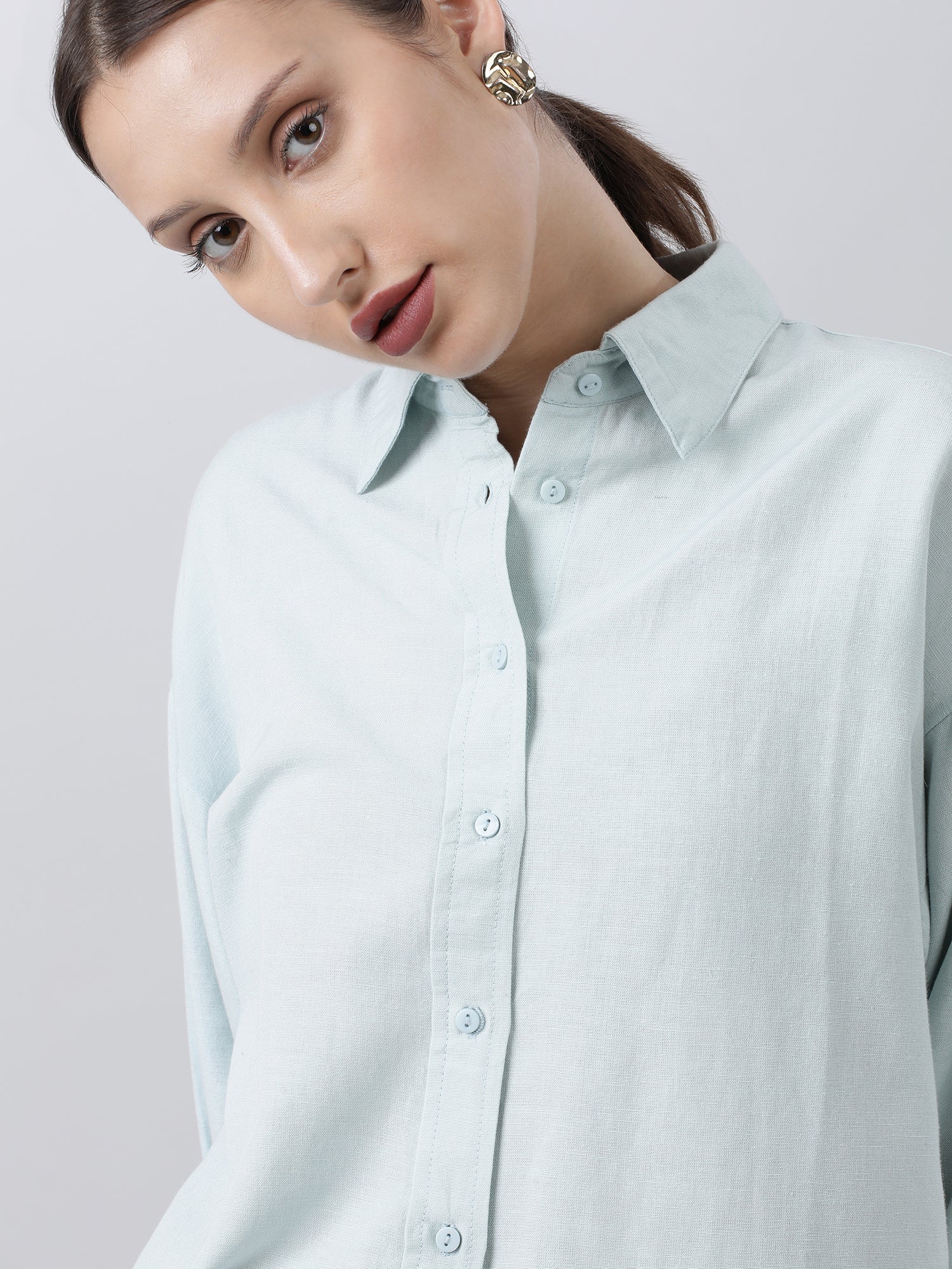 Women Regular Fit Button Down Drop Shoulder Light Blue Shirt - Image 5