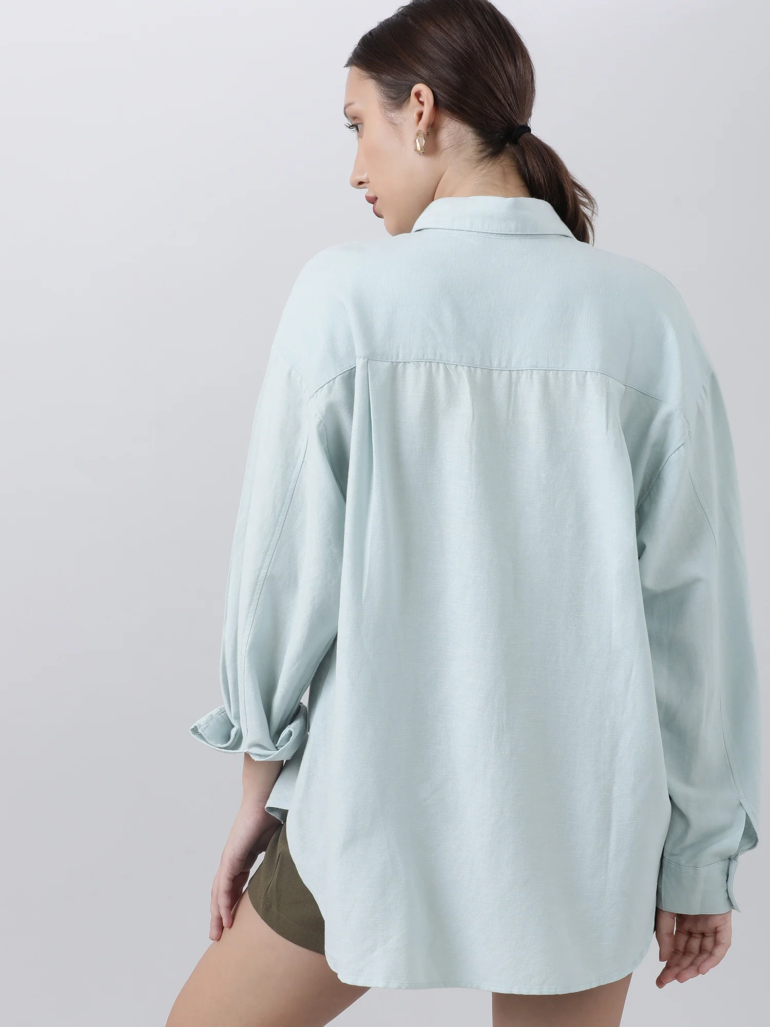 Women Regular Fit Button Down Drop Shoulder Light Blue Shirt - Image 6