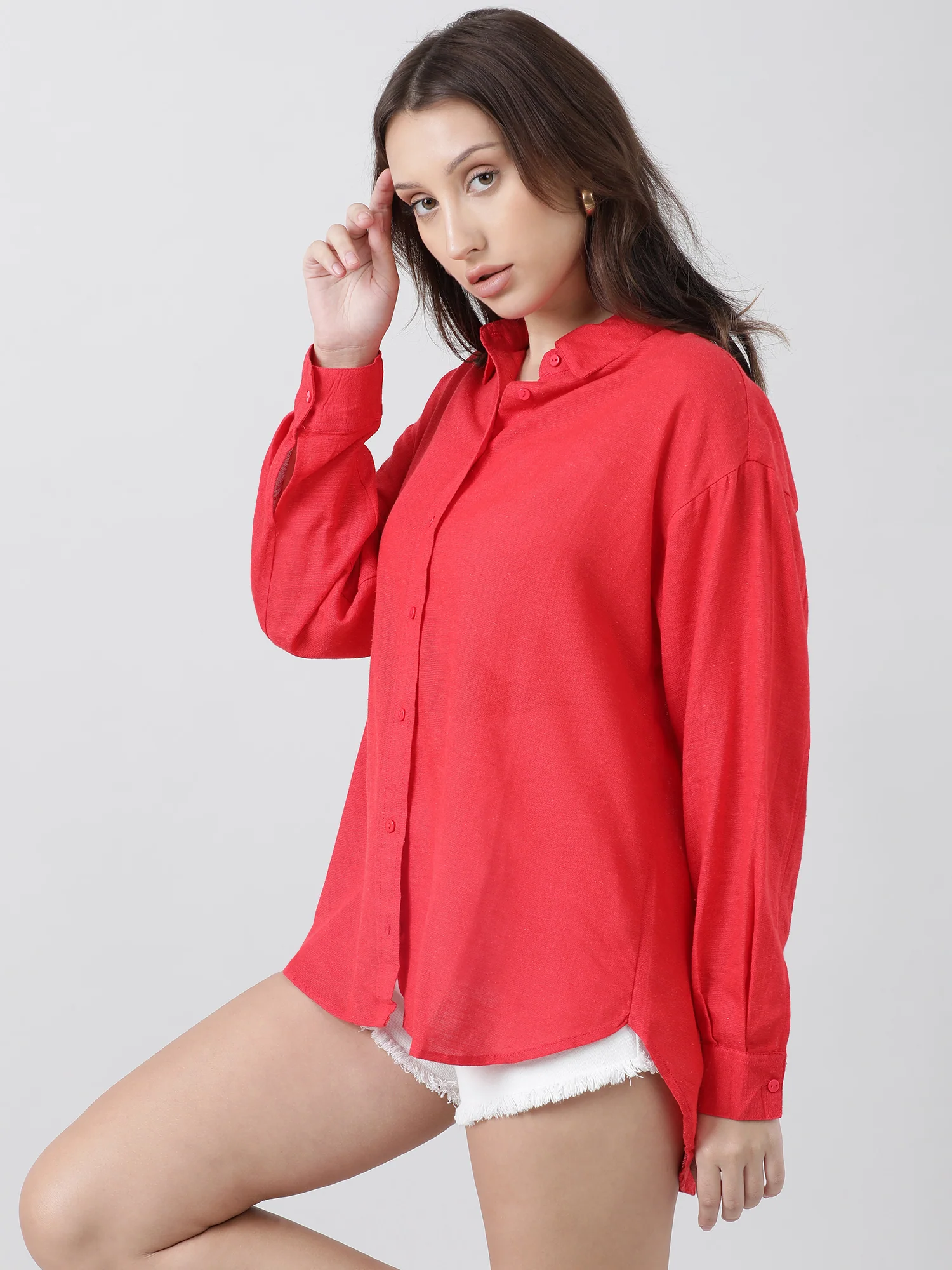 Women Regular Fit Button Down Drop Shoulder Red Shirt - Image 3