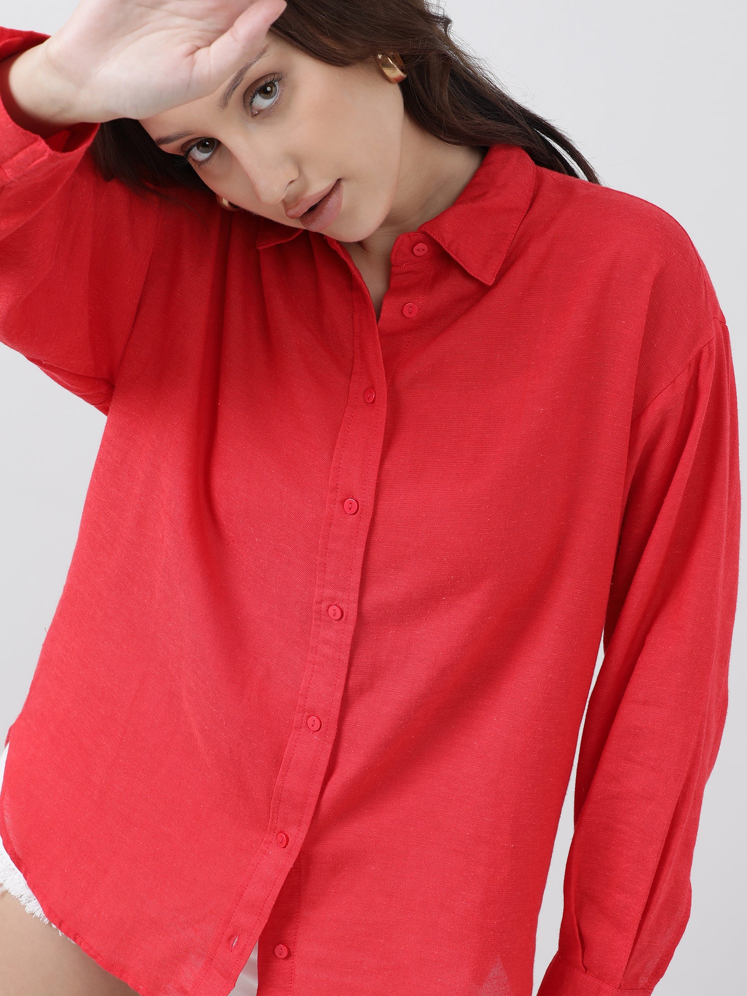 Women Regular Fit Button Down Drop Shoulder Red Shirt - Image 5