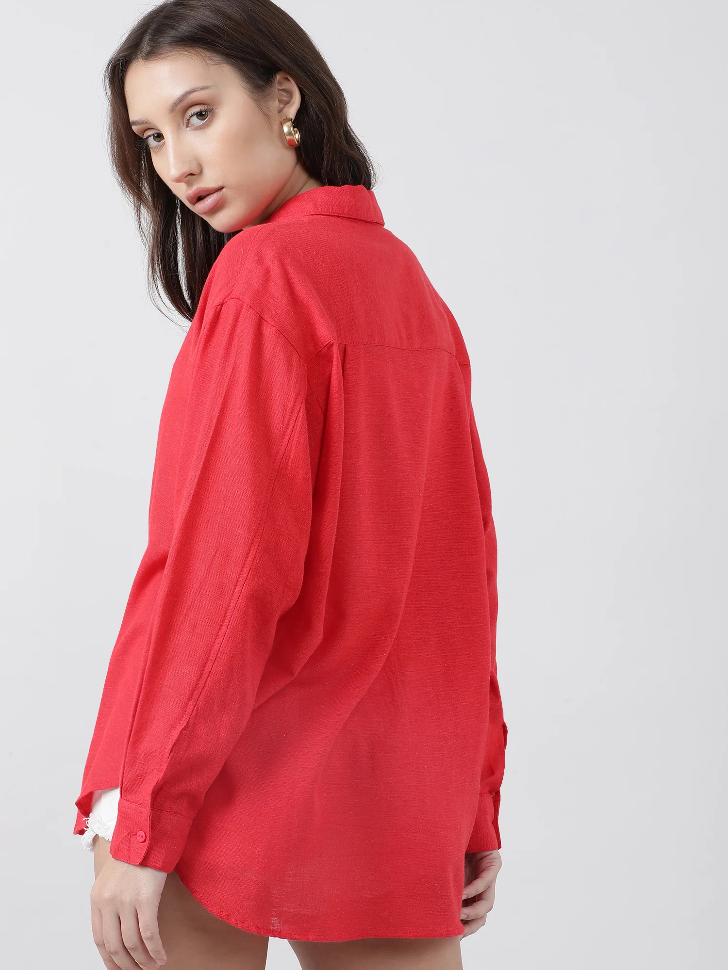 Women Regular Fit Button Down Drop Shoulder Red Shirt - Image 6