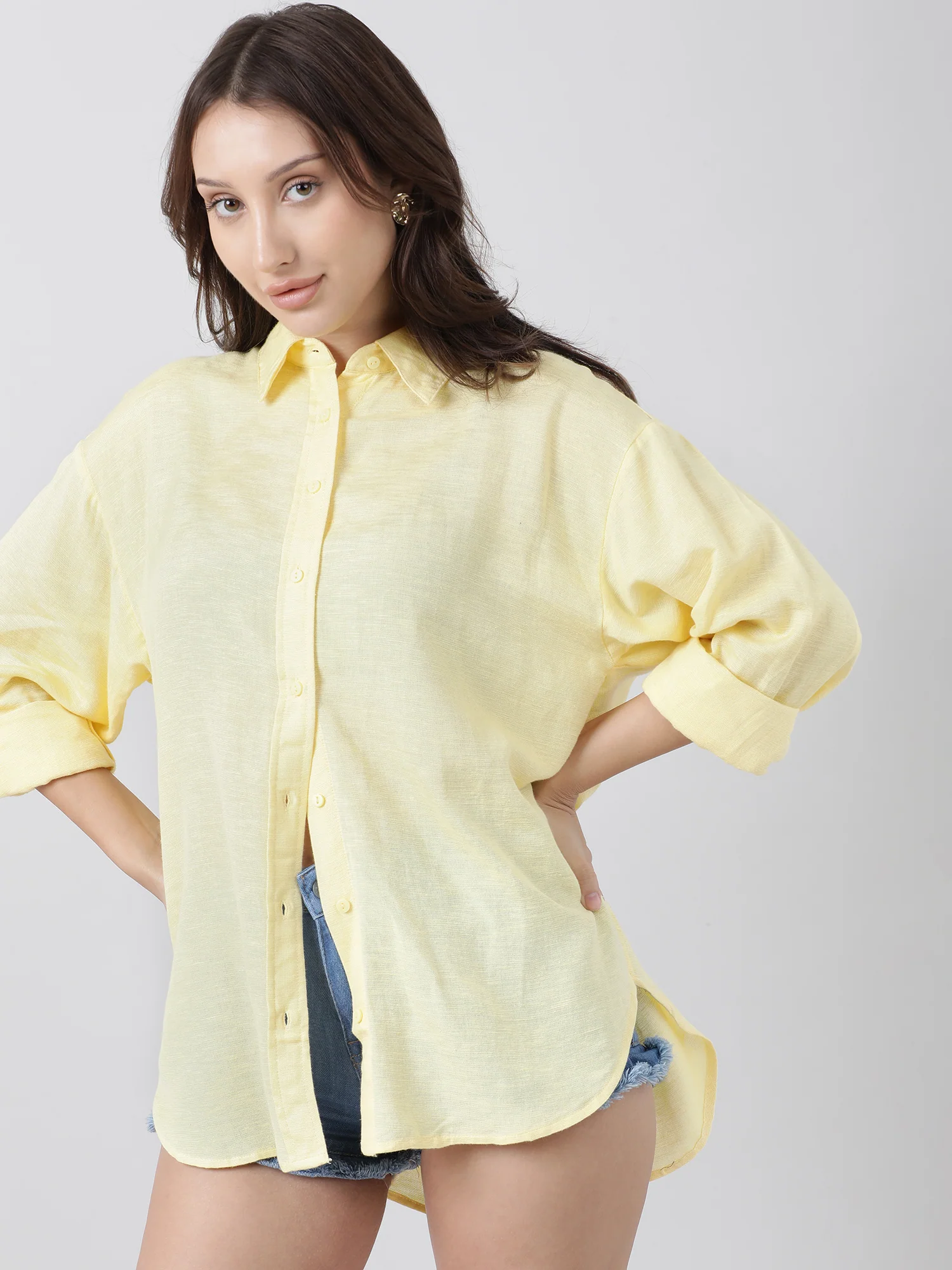 Women Oversize Drop Shoulder Yellow Shirt - Image 2