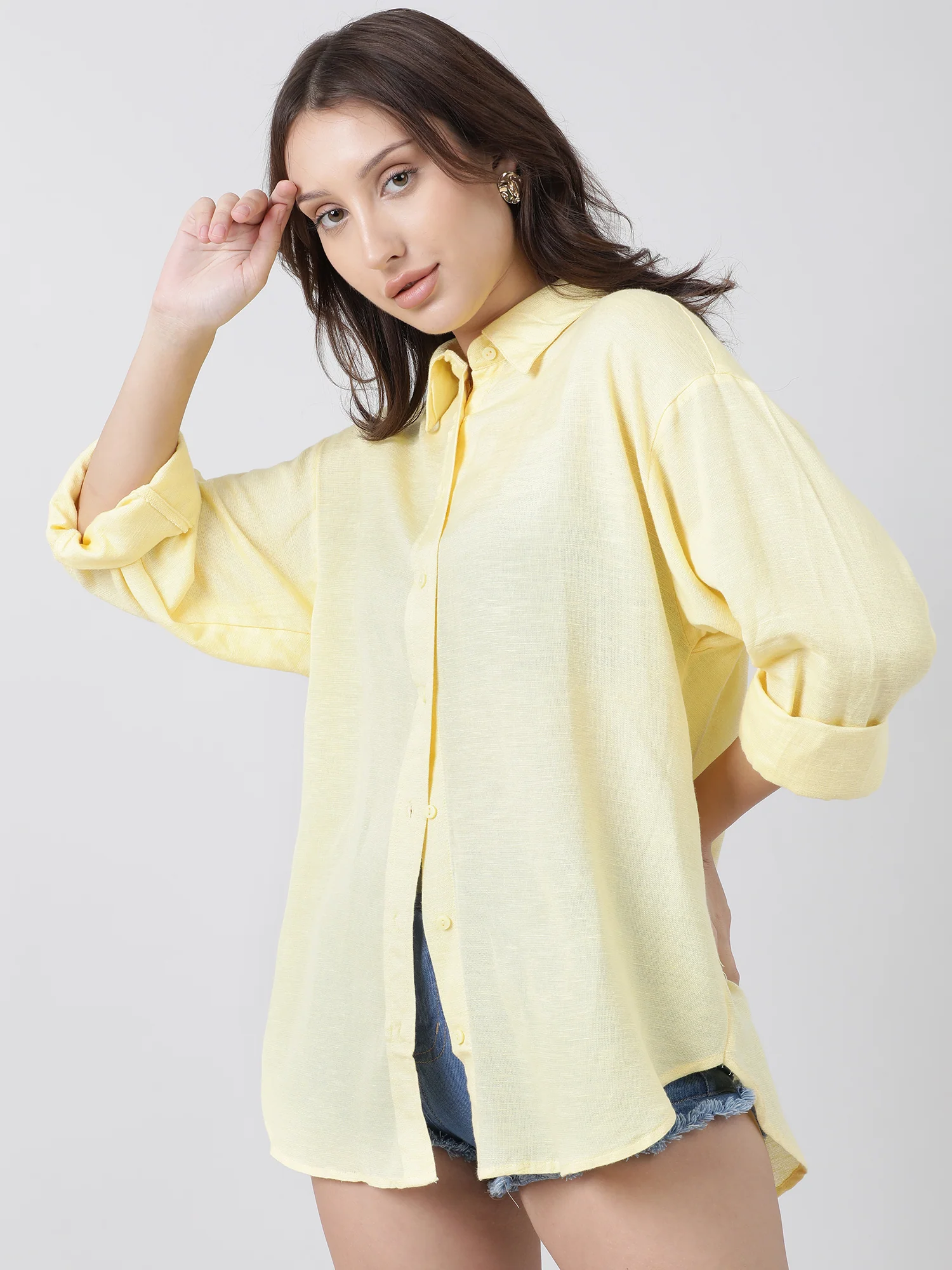 Women Oversize Drop Shoulder Yellow Shirt - Image 3