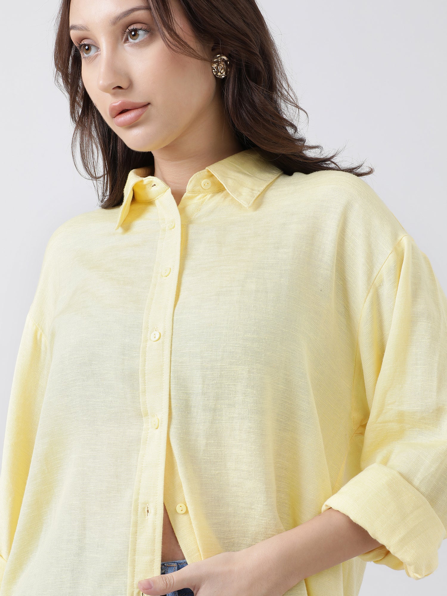 Women Oversize Drop Shoulder Yellow Shirt - Image 4
