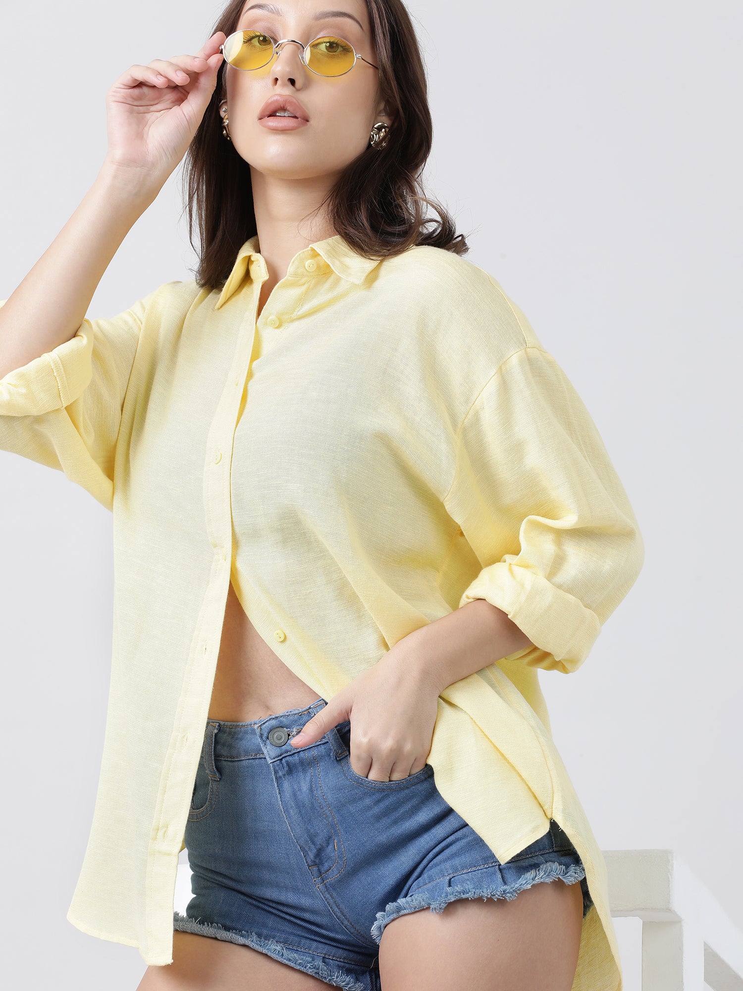 Women Oversize Drop Shoulder Yellow Shirt - Image 5