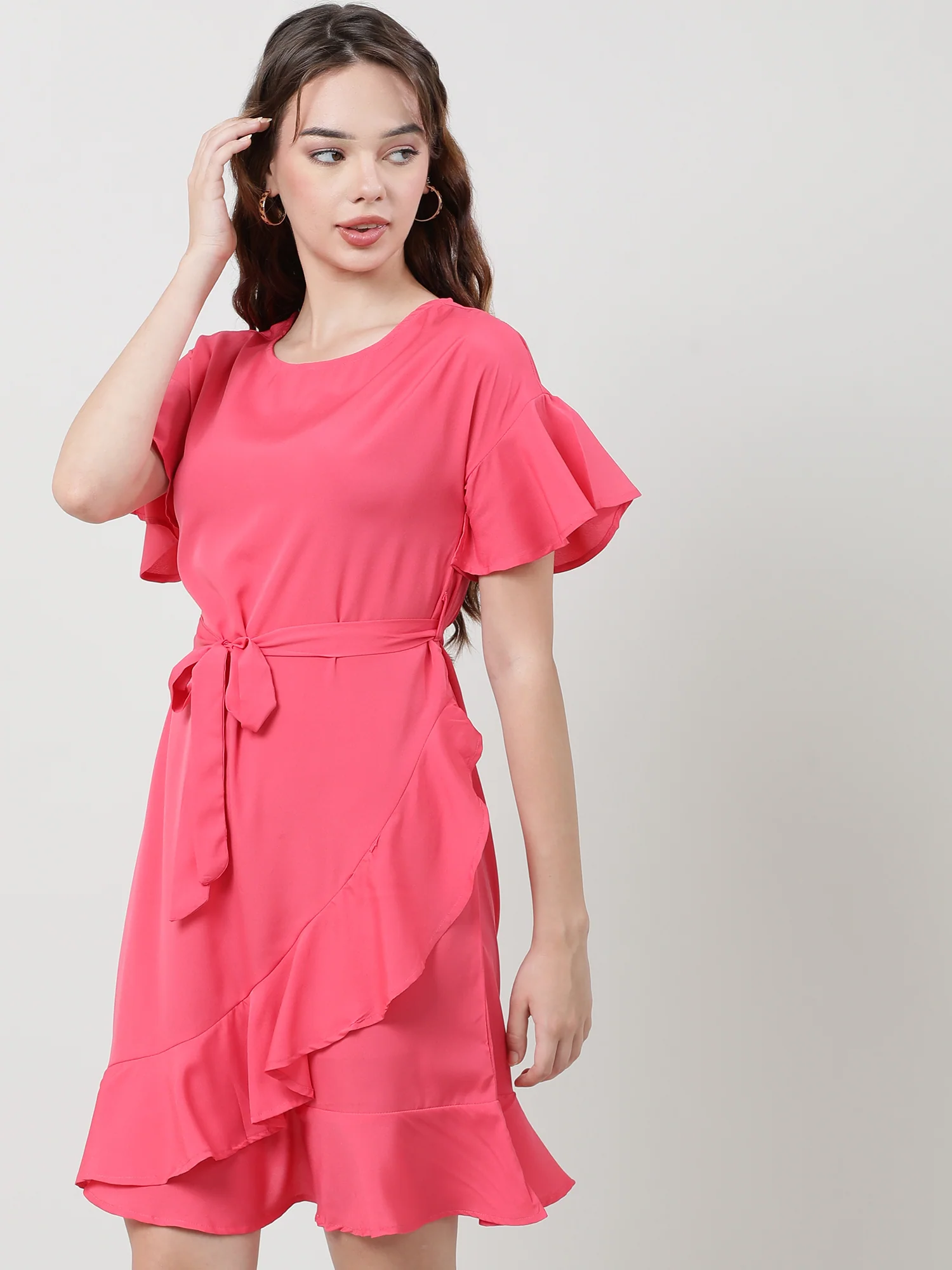 Women Regular Fit Coral A Line Dress With Belt - Image 3