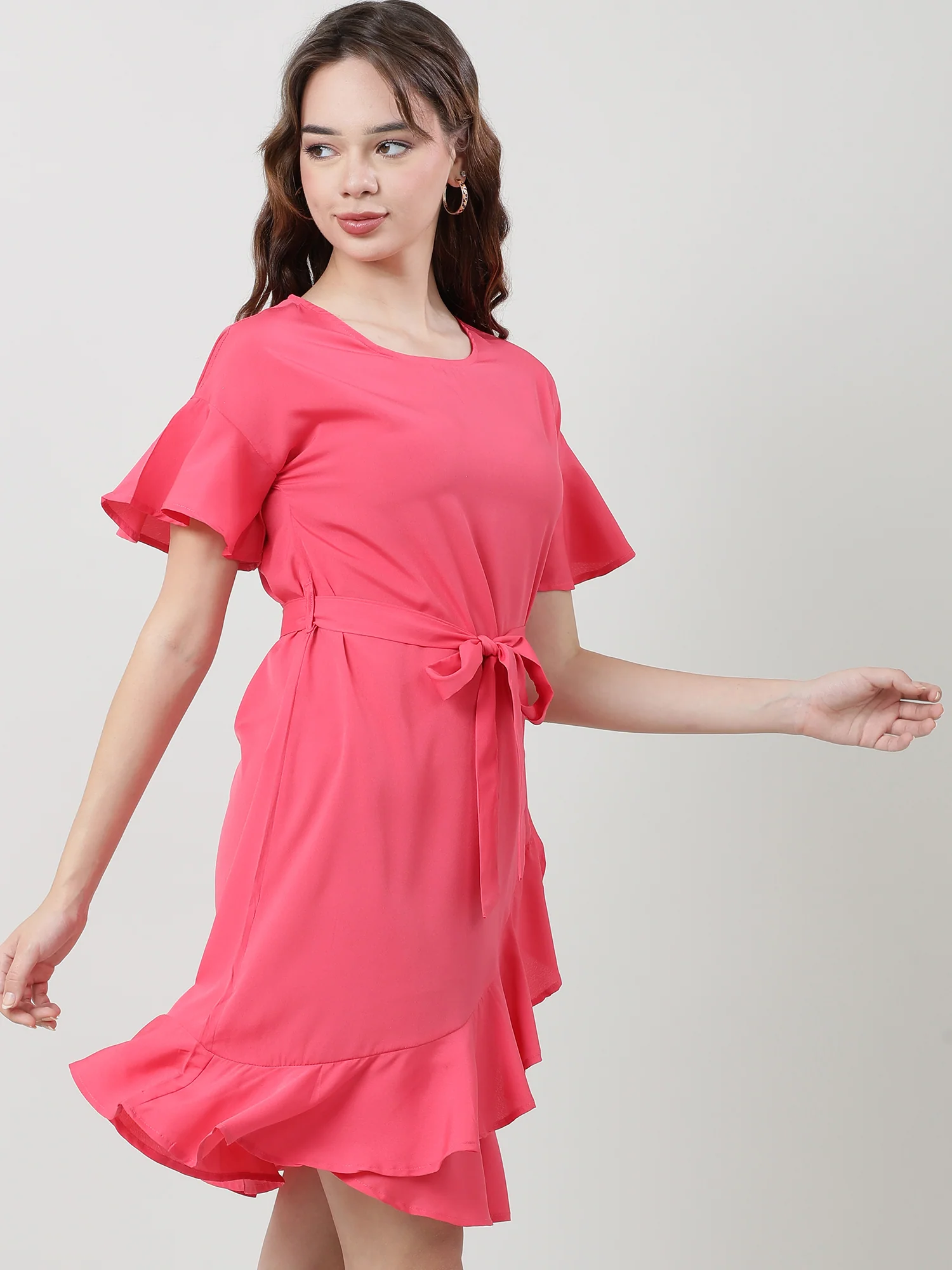 Women Regular Fit Coral A Line Dress With Belt - Image 4