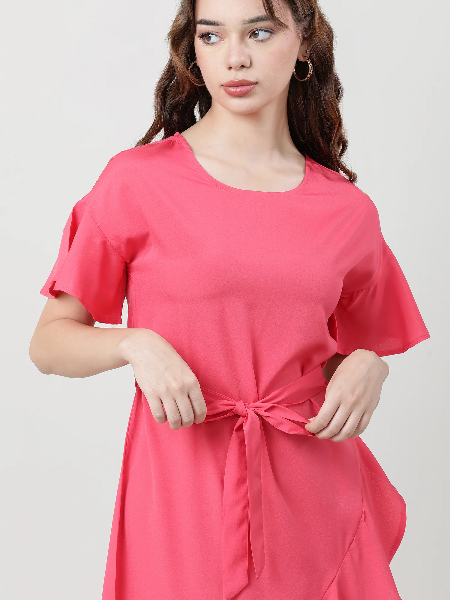 Women Regular Fit Coral A Line Dress With Belt - Image 5