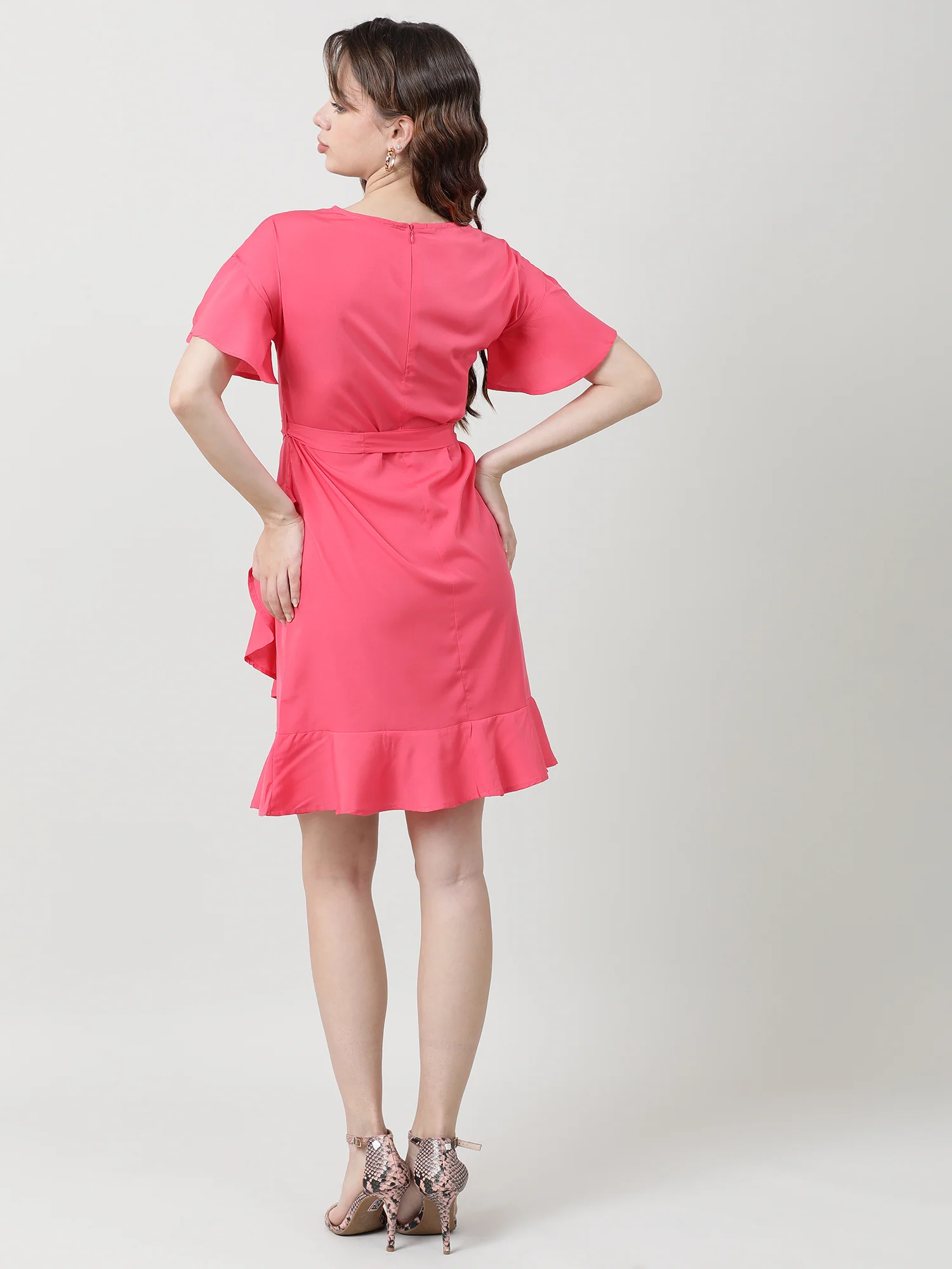 Women Regular Fit Coral A Line Dress With Belt - Image 6