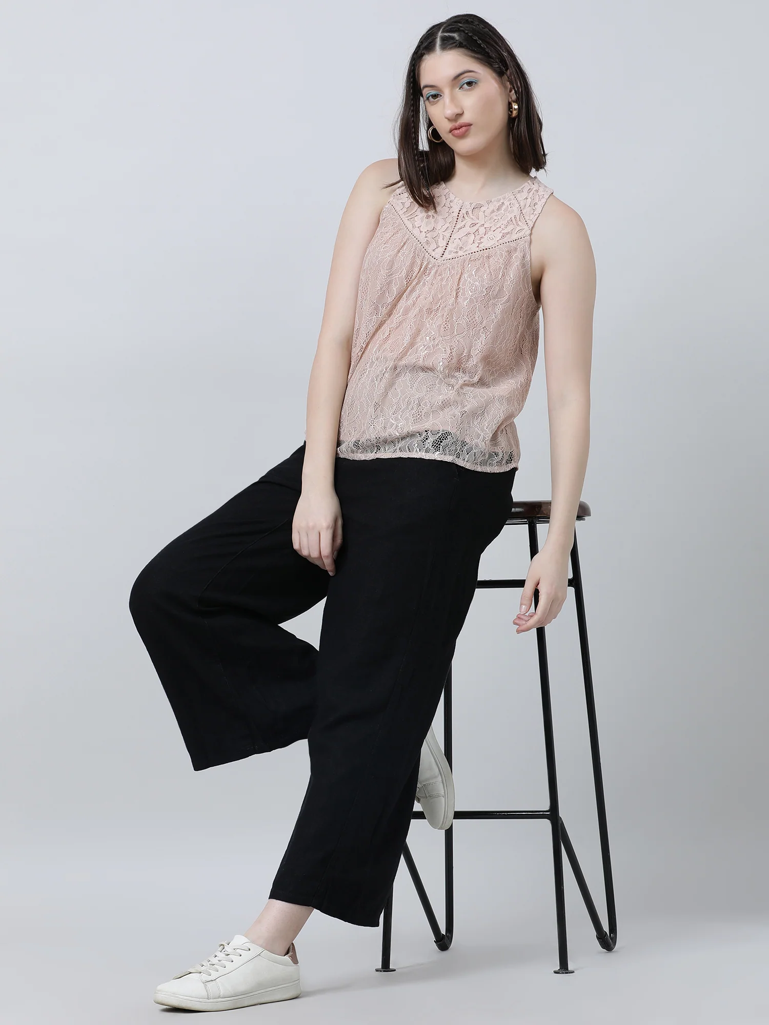 Women Regular Fit Cream Lace Sleeveless Top - Image 7