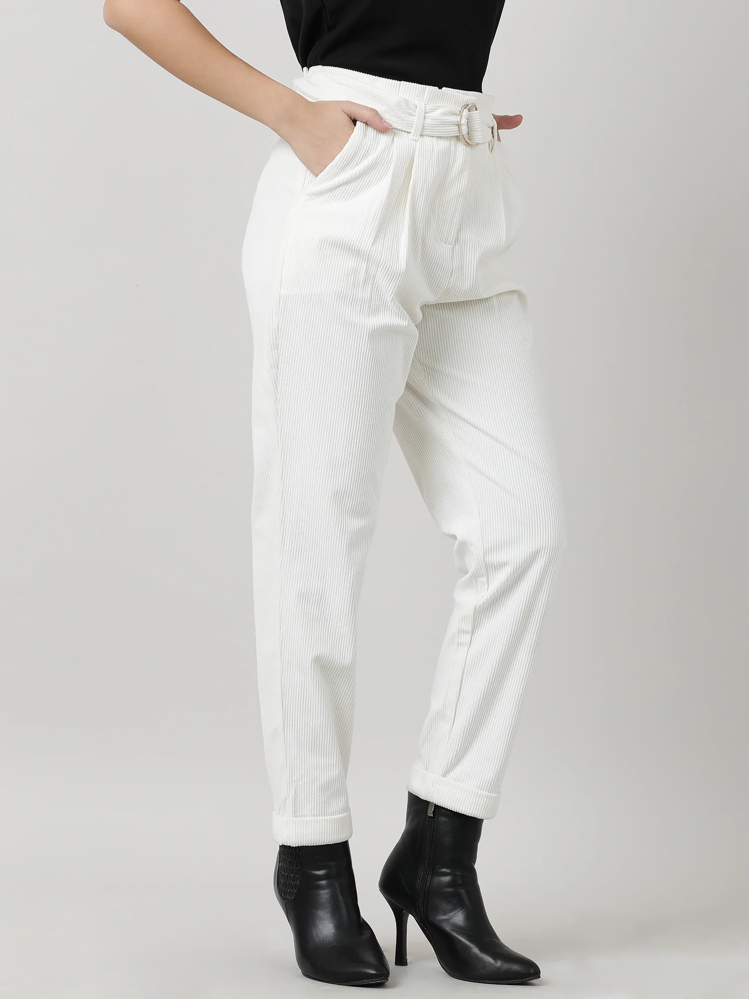 Women Regular Fit Cream Ribbed Pants With Belt - Image 3