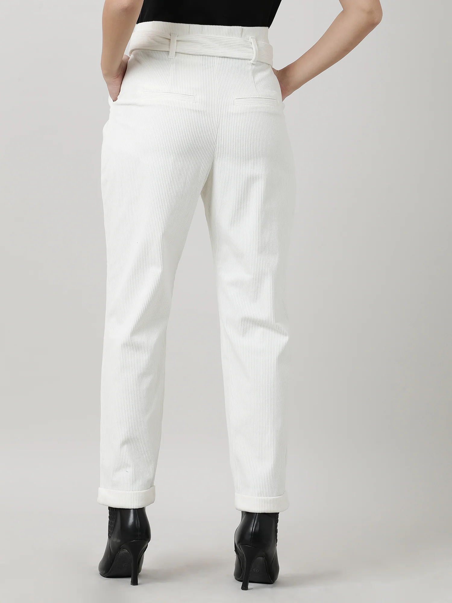 Women Regular Fit Cream Ribbed Pants With Belt - Image 5