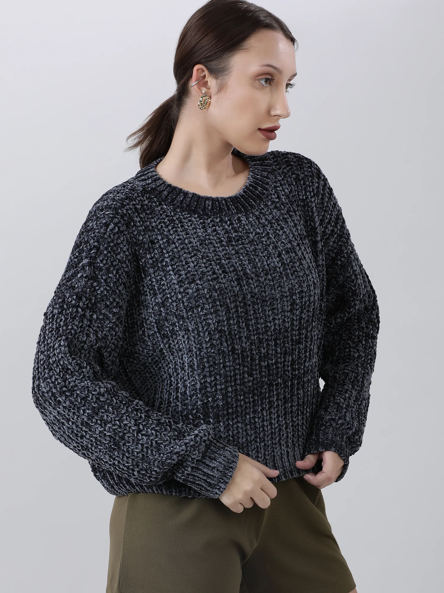 Women Regular Fit Dark Grey Knitted Sweater - Image 3