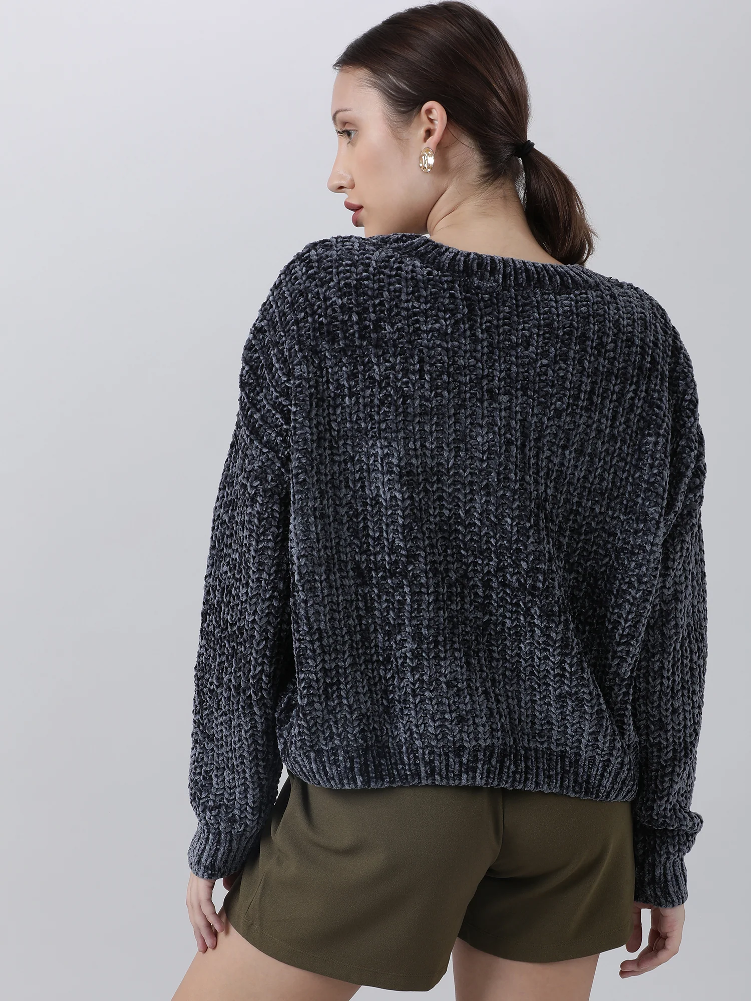 Women Regular Fit Dark Grey Knitted Sweater - Image 5