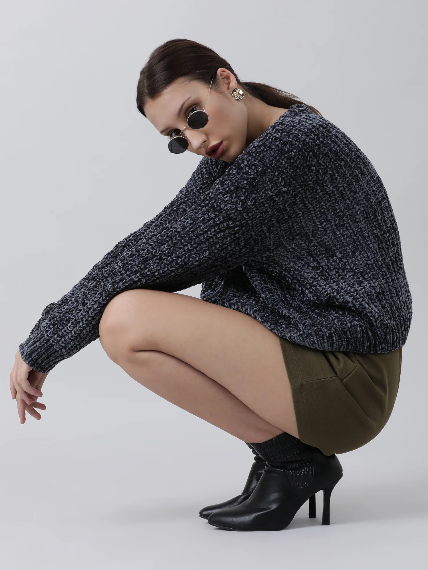 Women Regular Fit Dark Grey Knitted Sweater - Image 6