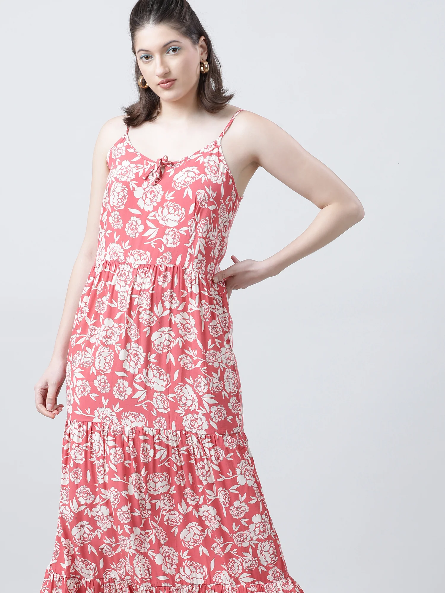 Women Regular Fit Floral Print Coral A Line Dress - Image 2