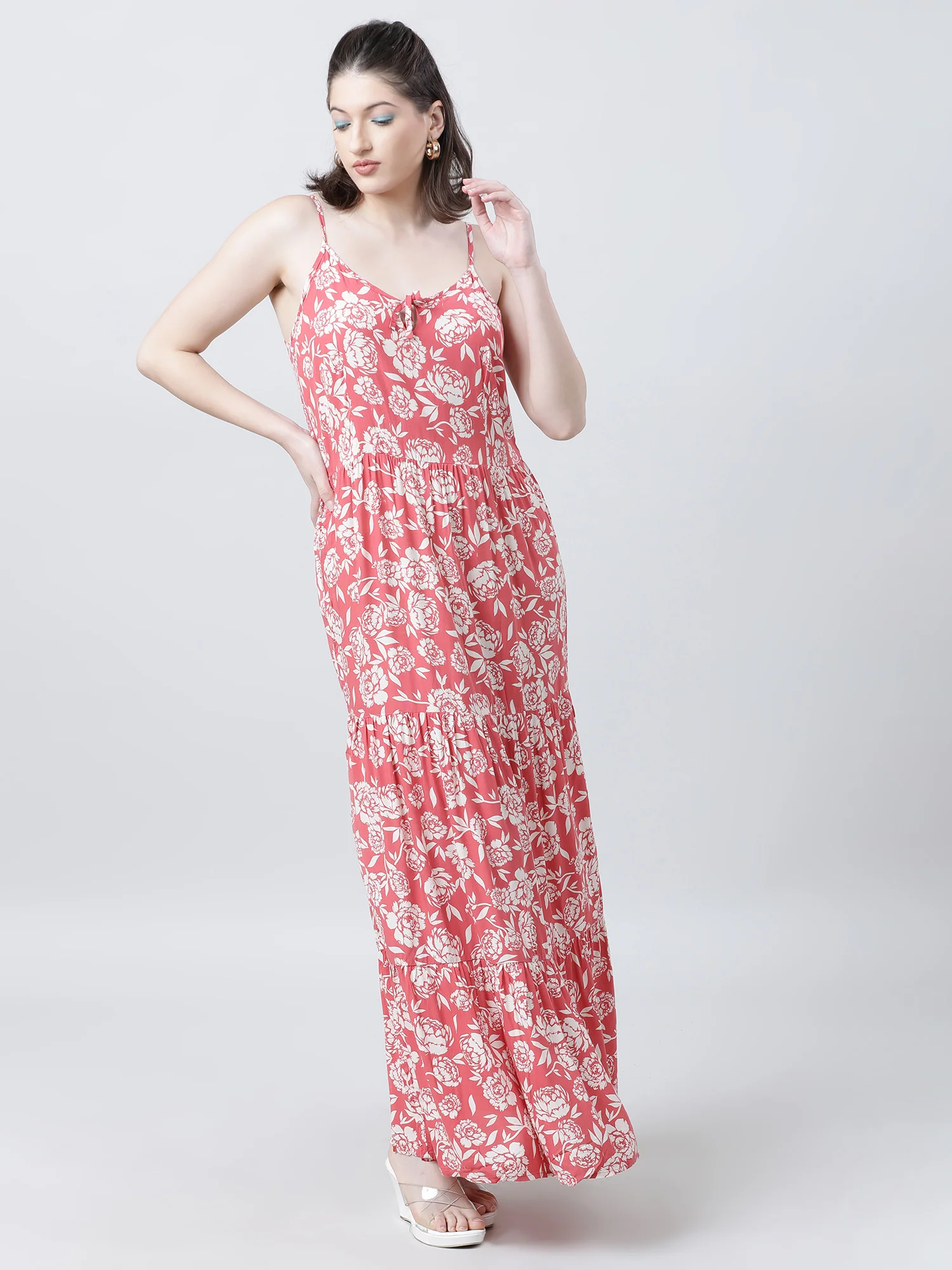 Women Regular Fit Floral Print Coral A Line Dress - Image 3