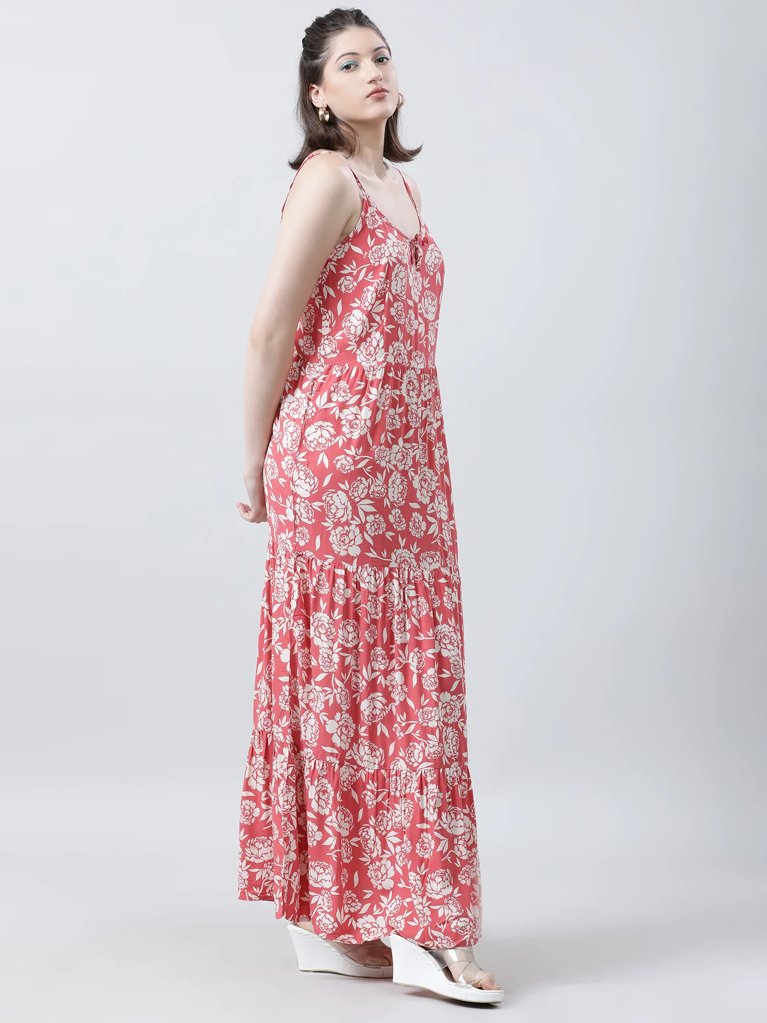 Women Regular Fit Floral Print Coral A Line Dress - Image 5