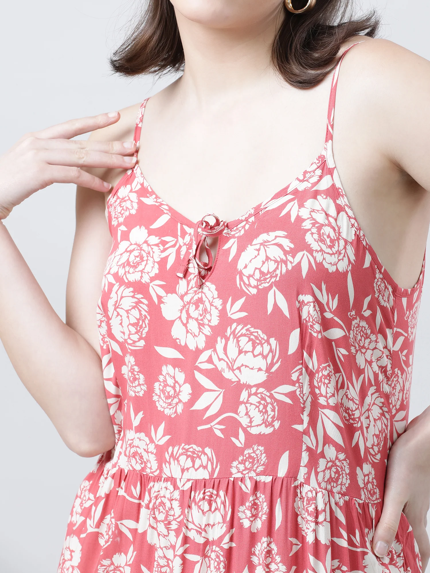 Women Regular Fit Floral Print Coral A Line Dress - Image 6