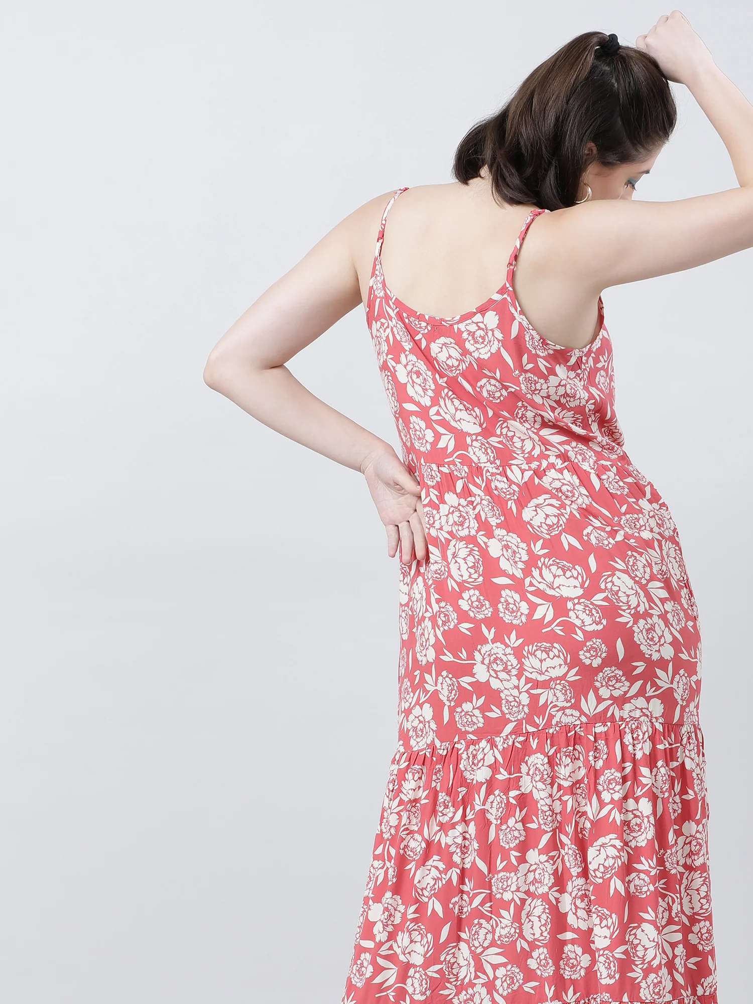 Women Regular Fit Floral Print Coral A Line Dress - Image 7
