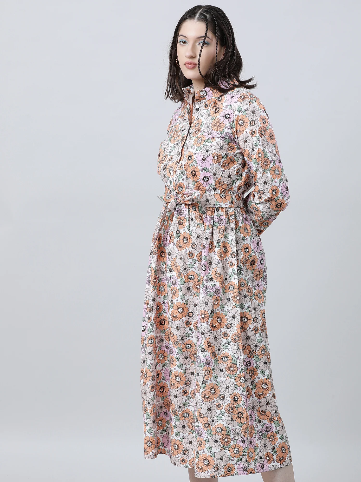 Women Regular Fit Floral Print Pink A Line Dress With Belt - Image 3