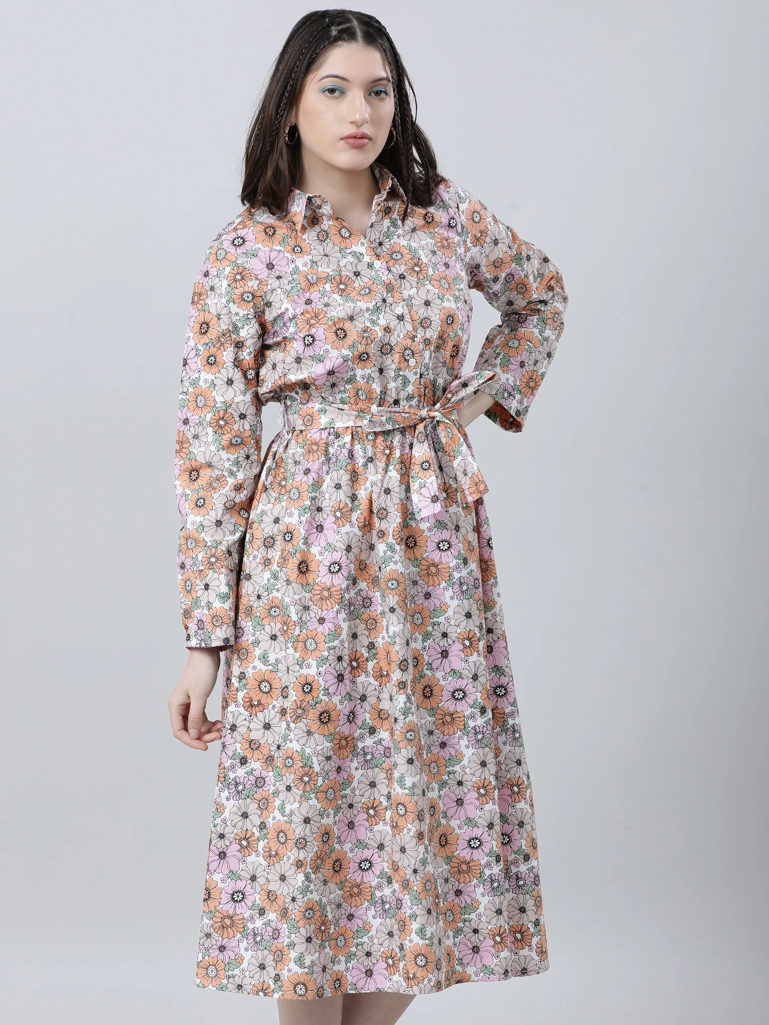 Women Regular Fit Floral Print Pink A Line Dress With Belt - Image 4