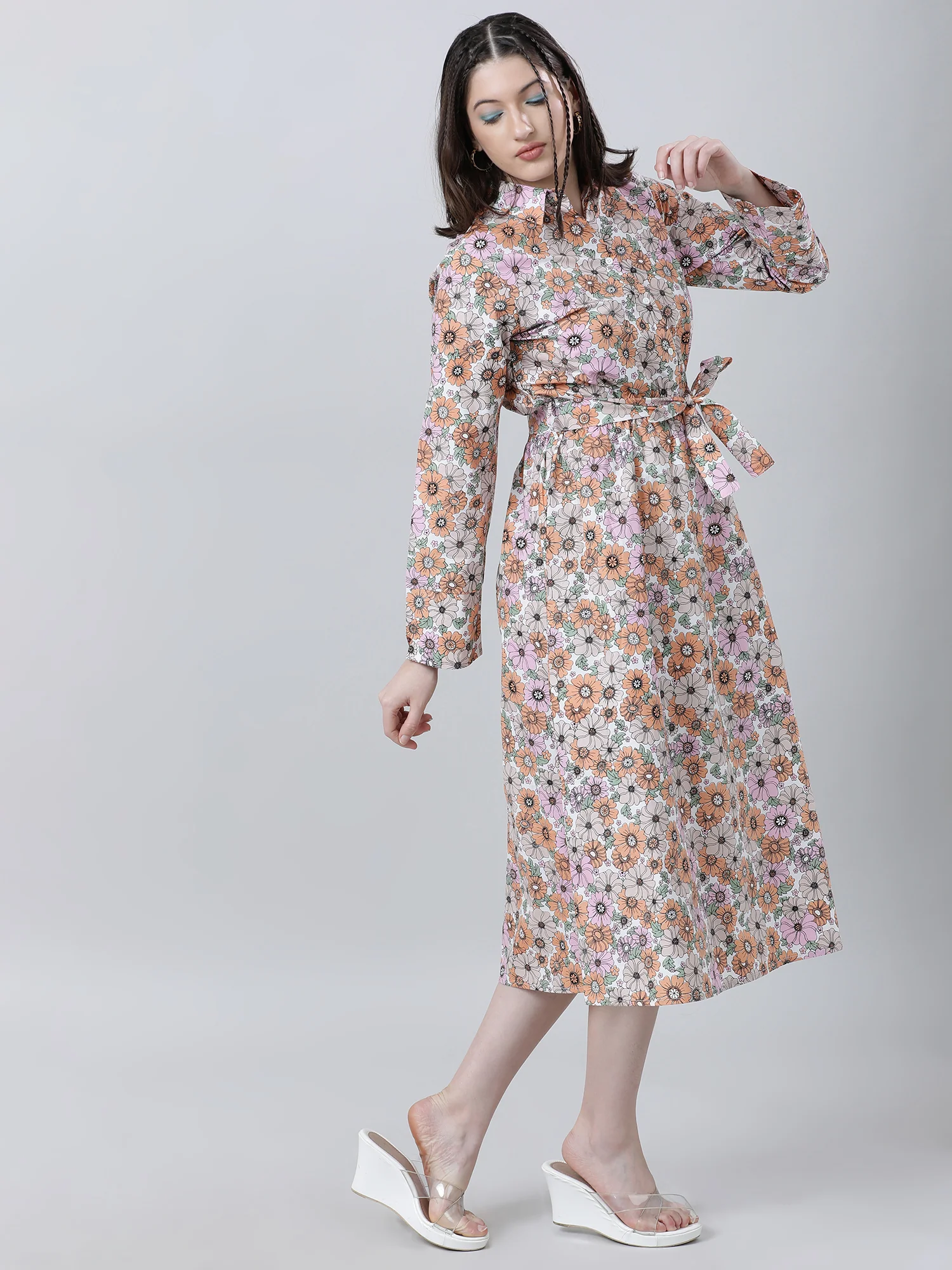 Women Regular Fit Floral Print Pink A Line Dress With Belt - Image 5
