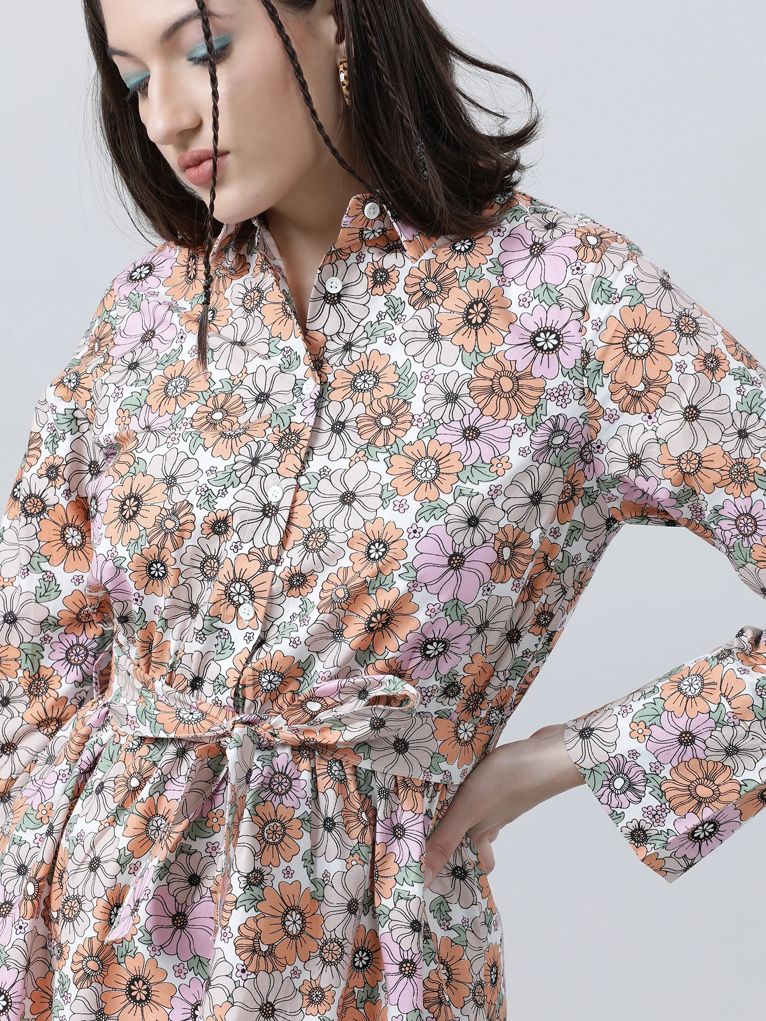 Women Regular Fit Floral Print Pink A Line Dress With Belt - Image 6