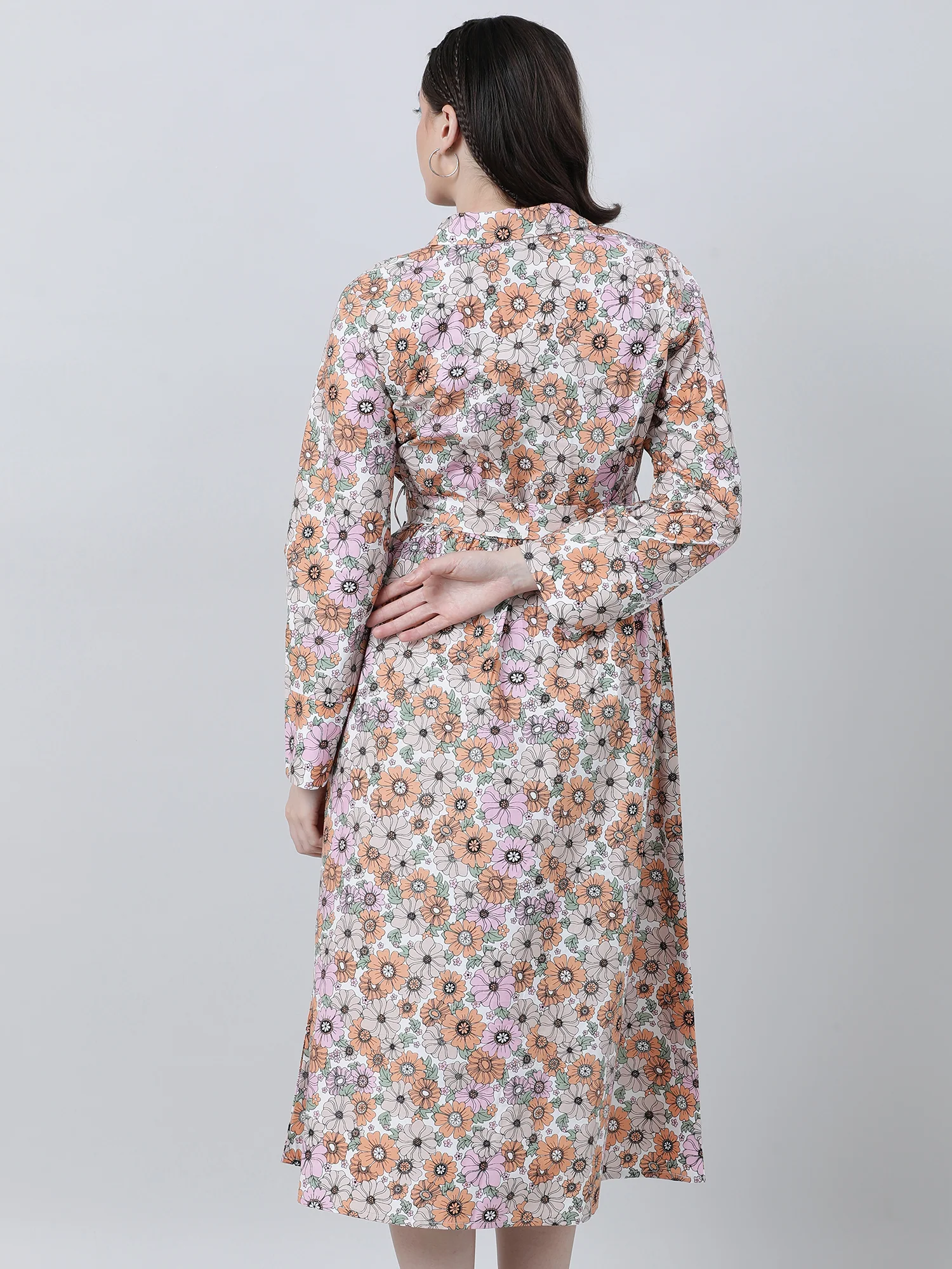 Women Regular Fit Floral Print Pink A Line Dress With Belt - Image 7