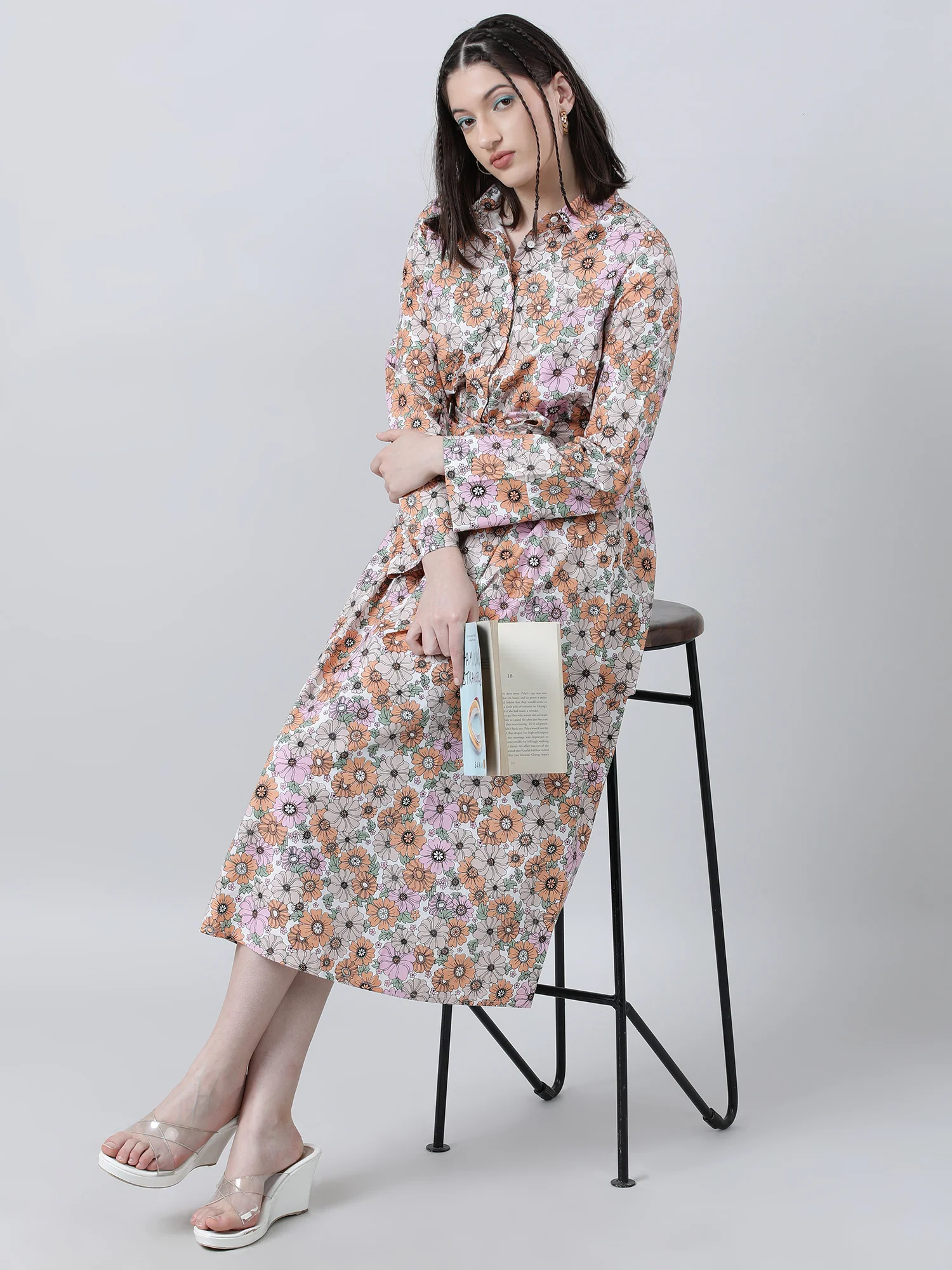 Women Regular Fit Floral Print Pink A Line Dress With Belt - Image 8