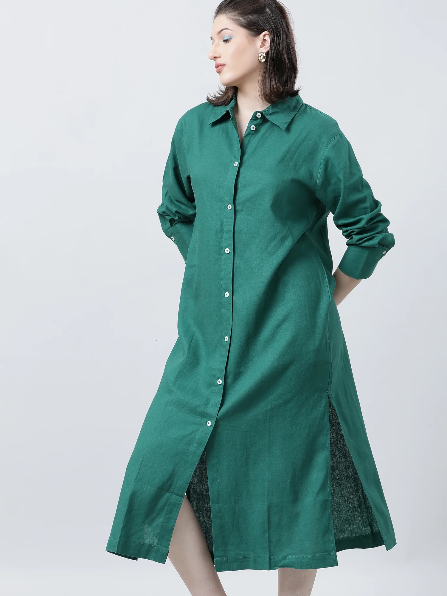 Women Green Oversized Shirt Dress - Image 2