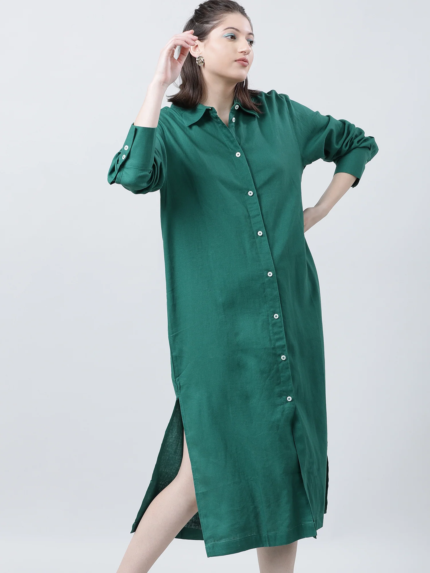 Women Green Oversized Shirt Dress - Image 3